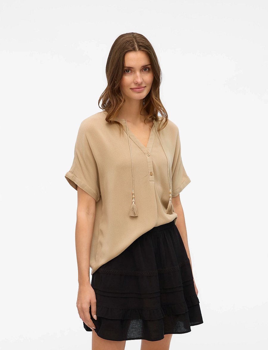 Vero Moda - VMBENTE SS WIDE TOP WVN GA - kurzärmelige blusen - silver mink - 0
