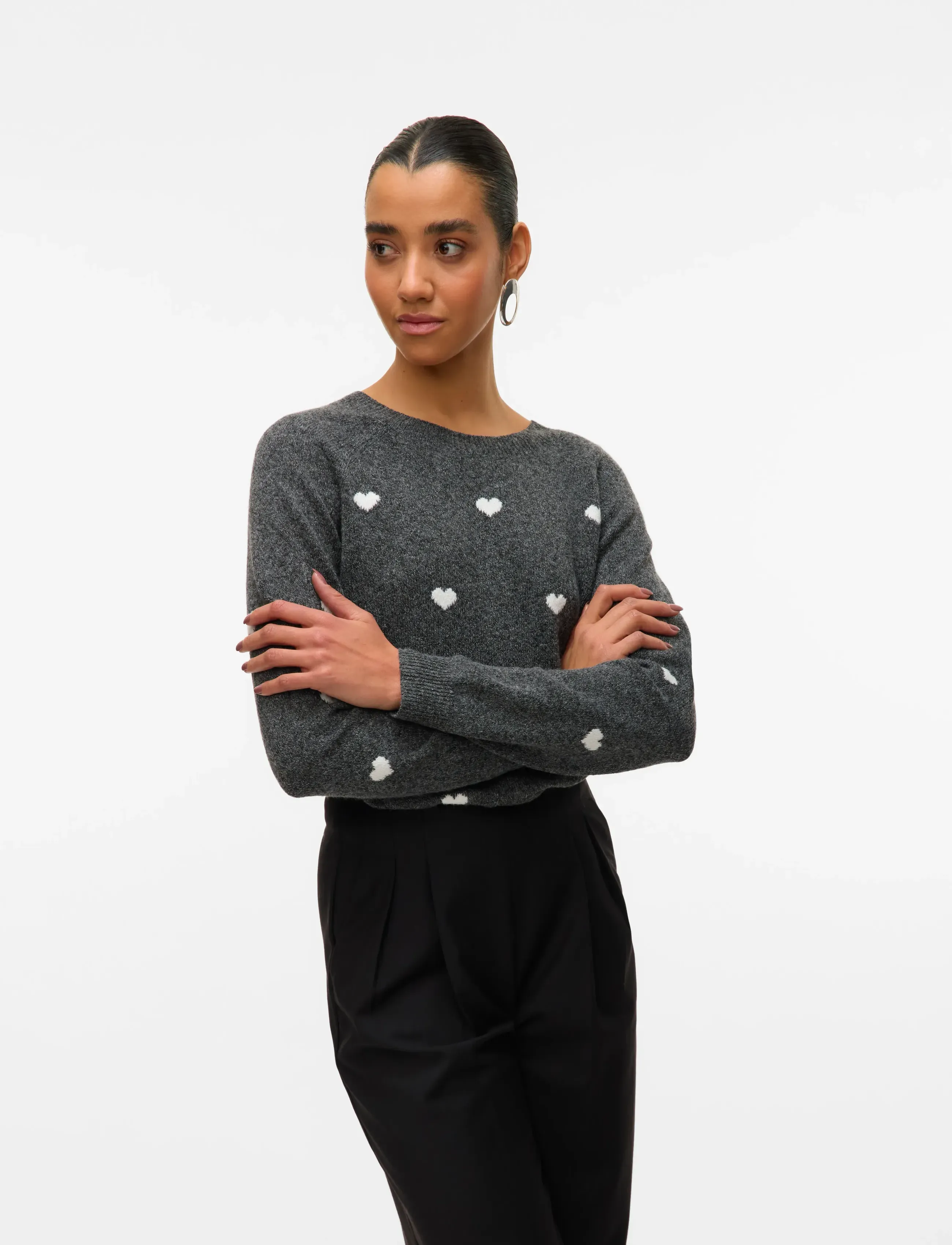 Vero Moda Vmdoffy Intarsia Ls O-Nck Pullov Ga Noos, Kvinder, Hjerte Mønster Strikket Pullover, Grå, Str: XS