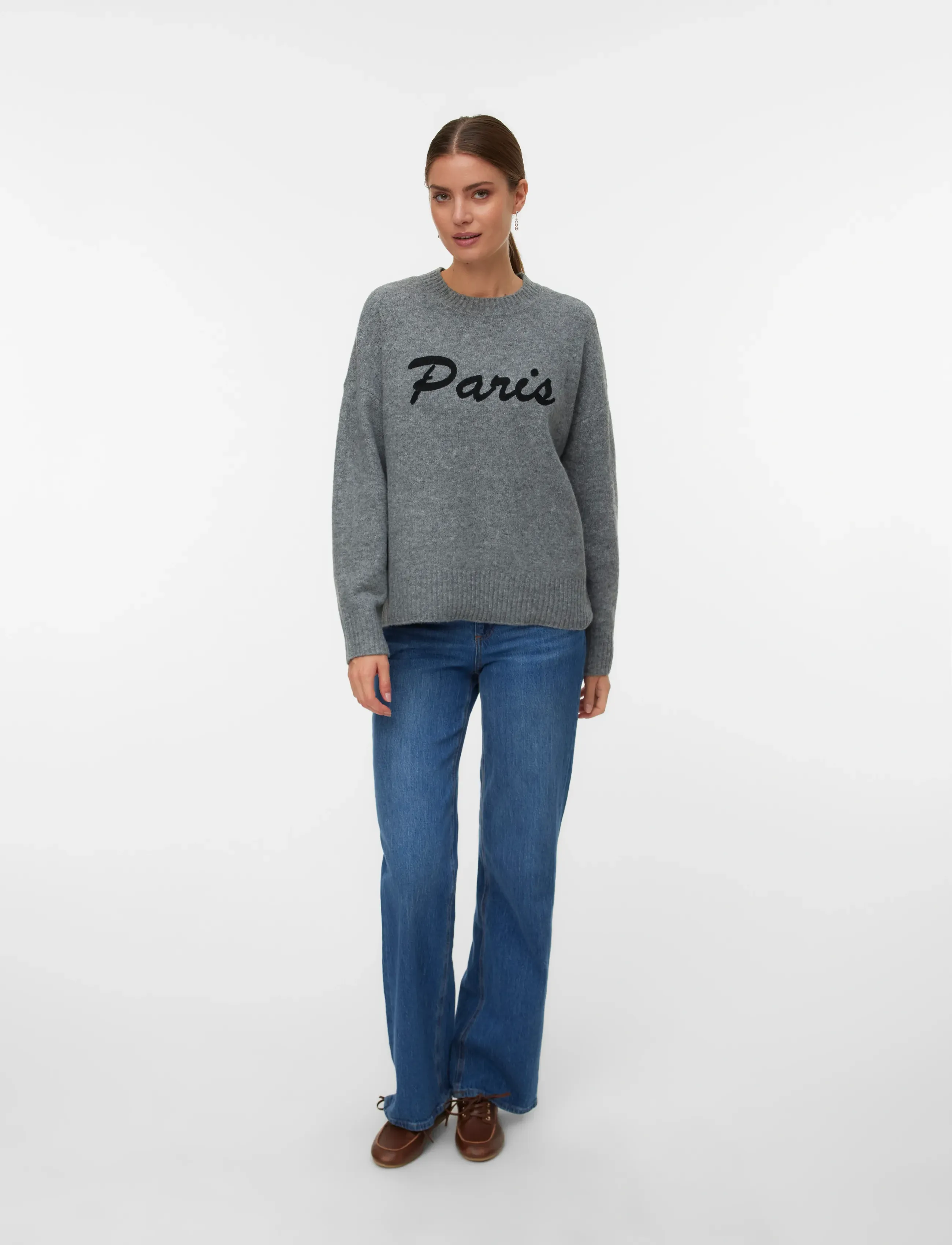 Vero Moda Vmboom Ls O-Neck Text Pullover Noos, Kvinder, O-Hals Tekst Pullover, Grå, Str: XS
