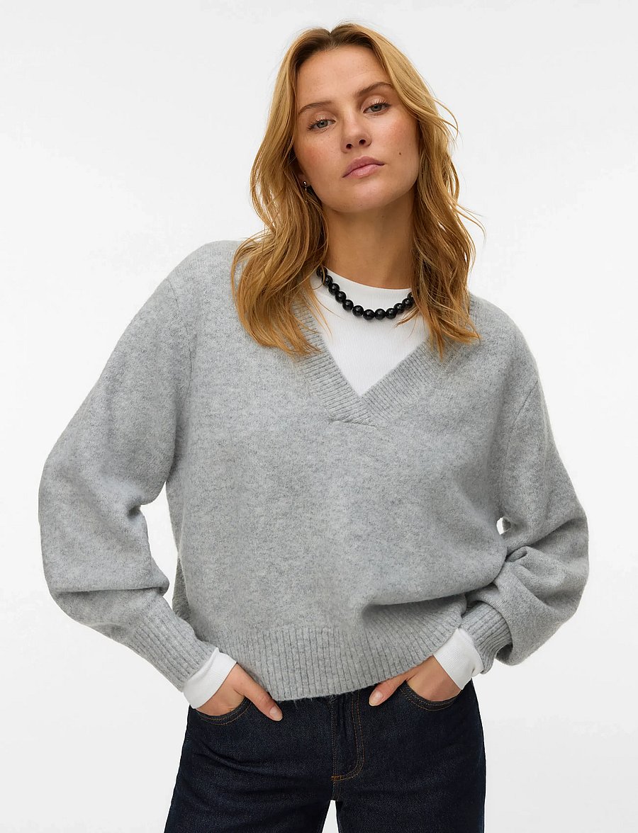 Vero Moda - VMBOOM LS V-NECK PULLOVER NOOS - gebreide truien - light grey melange - 4