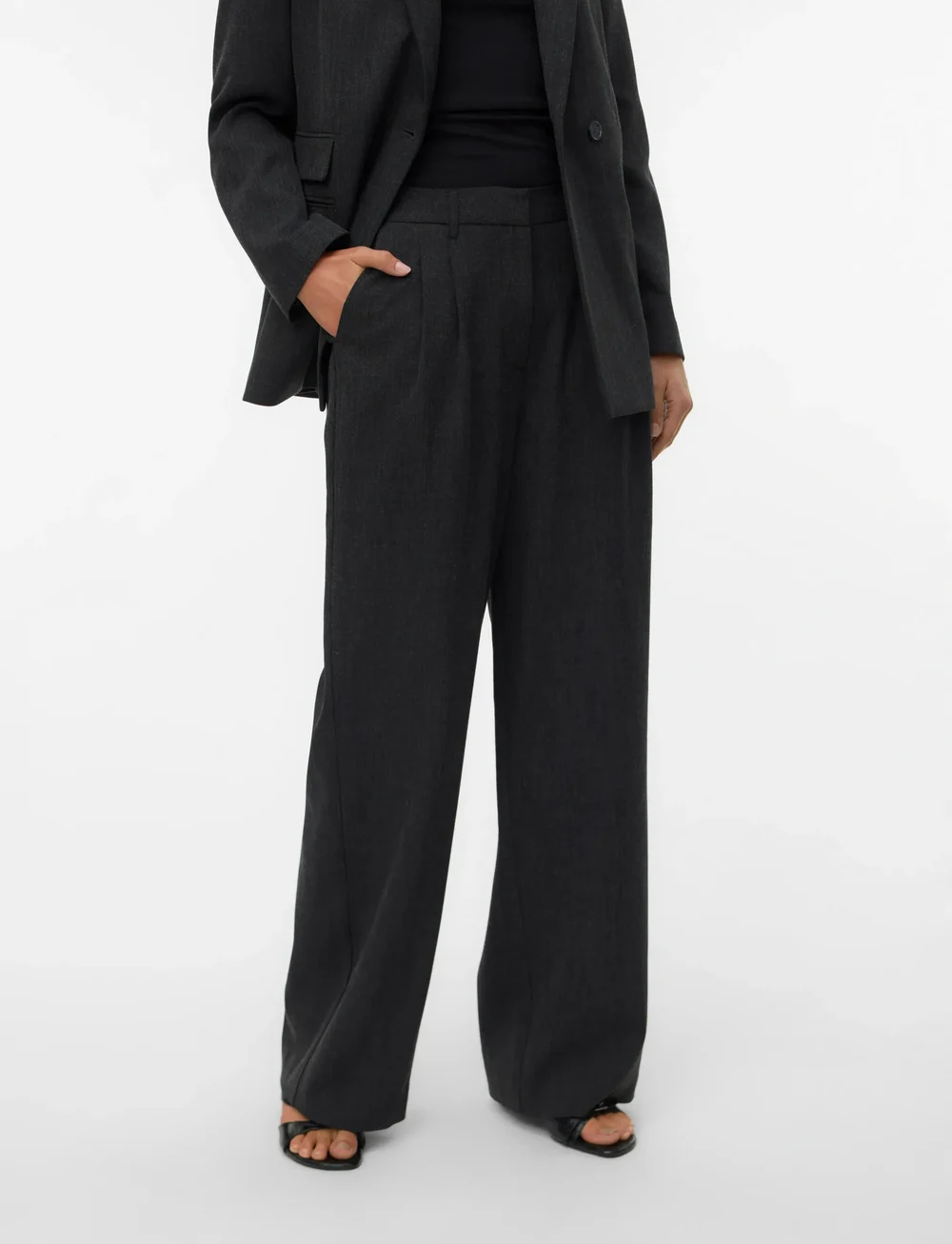Vero Moda - VMBESTIE MW WIDE DAD PANT NOOS - vida byxor - dark grey melange - 0