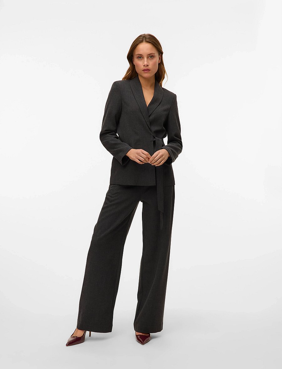Vero Moda - VMBESTIE MW WIDE STRAP PANT - hosen mit weitem bein - dark grey melange - 0