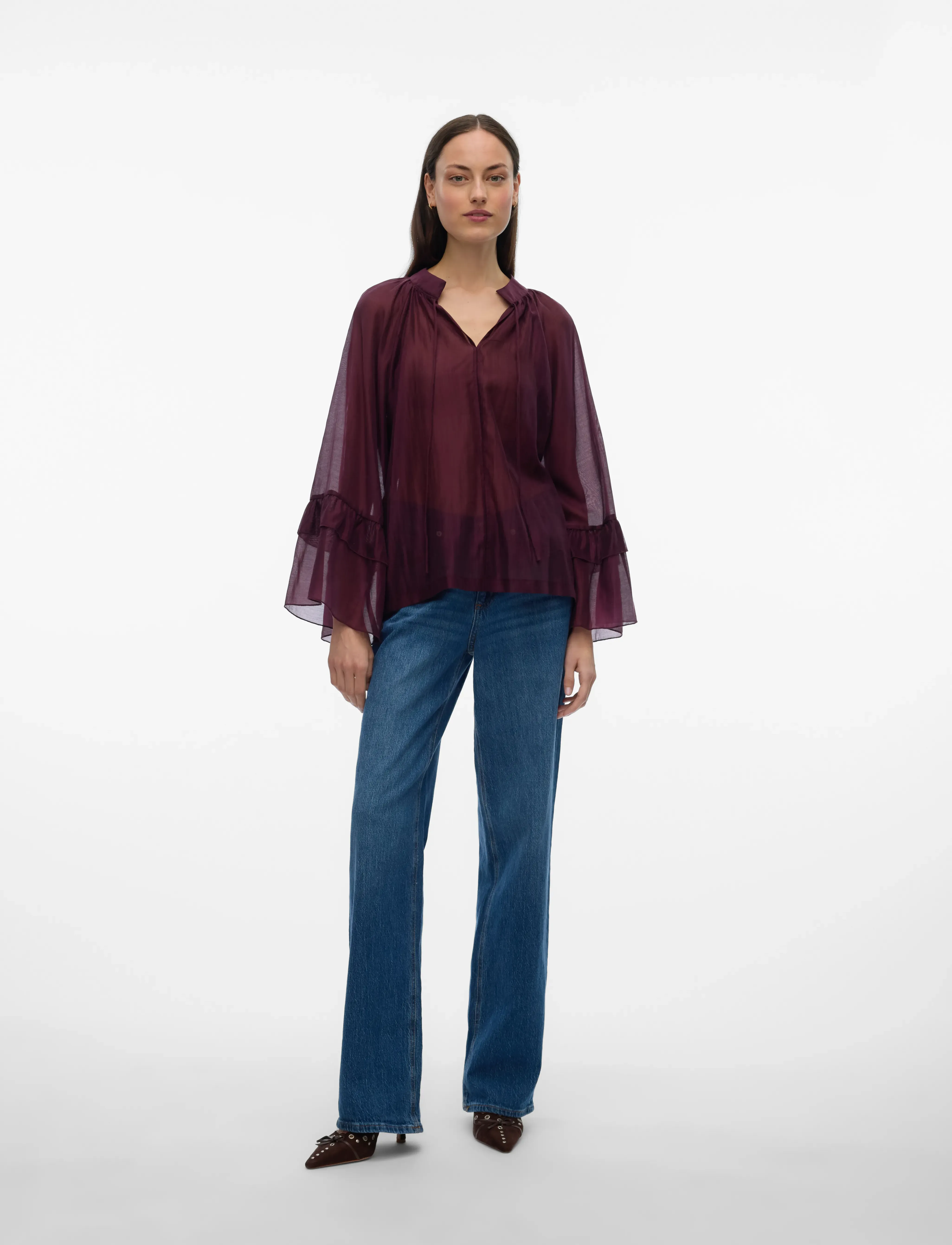 Vero Moda VMJENNA 7/8 FRILL TOP WVN GA - Blouses & Shirts - WINETASTING / red