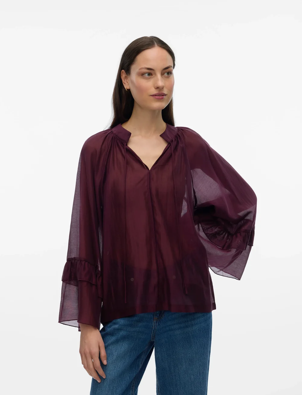 Vero Moda - VMJENNA 7/8 FRILL TOP WVN GA - langærmede bluser - winetasting - 3