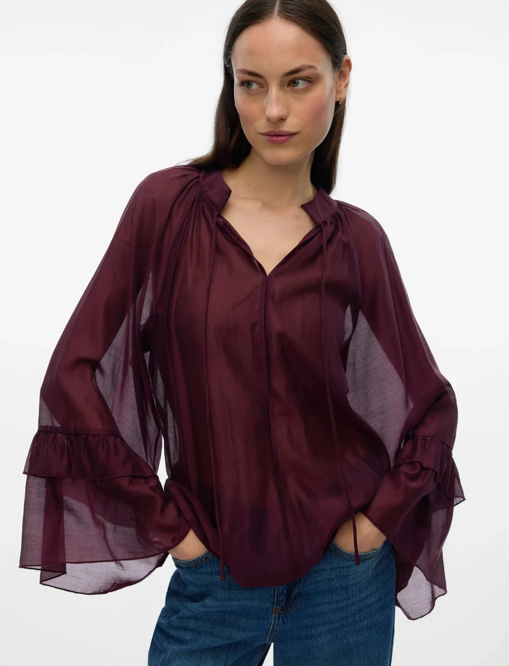 Vero Moda - VMJENNA 7/8 FRILL TOP WVN GA - langærmede bluser - winetasting - 4