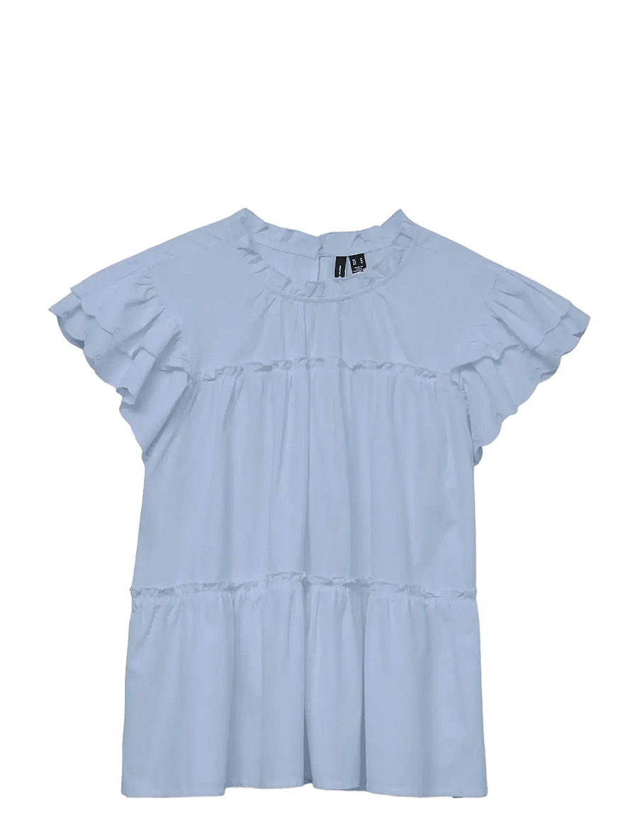 Vero Moda - VMISOLDE SL O-NECK FRILL TOP WVN EXP SB2 - blūzes ar īsām piedurknēm - cashmere blue - 0