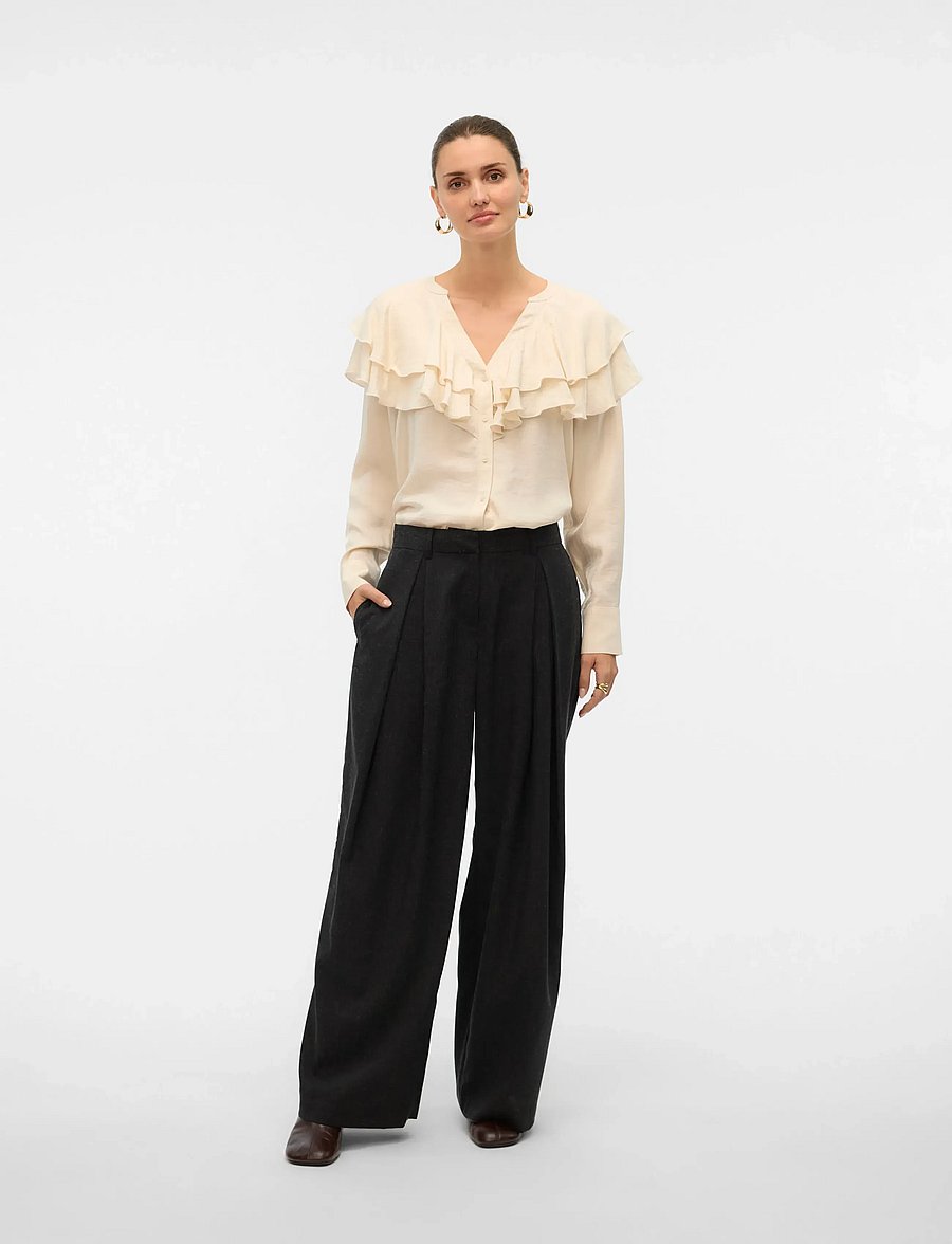 Vero Moda - VMLIZZI LS FLOUNCE TOP WVN GA - langærmede bluser - birch - 0