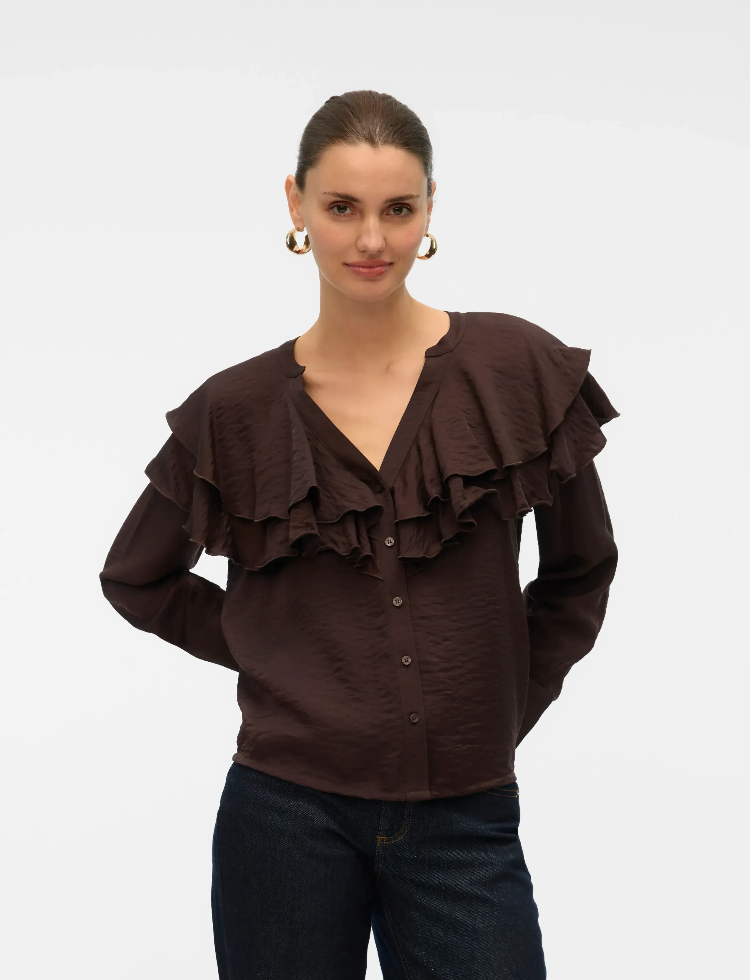 Vero Moda VMLIZZI LS FLOUNCE TOP WVN GA - Blusen - CHOCOLATE TORTE / brown