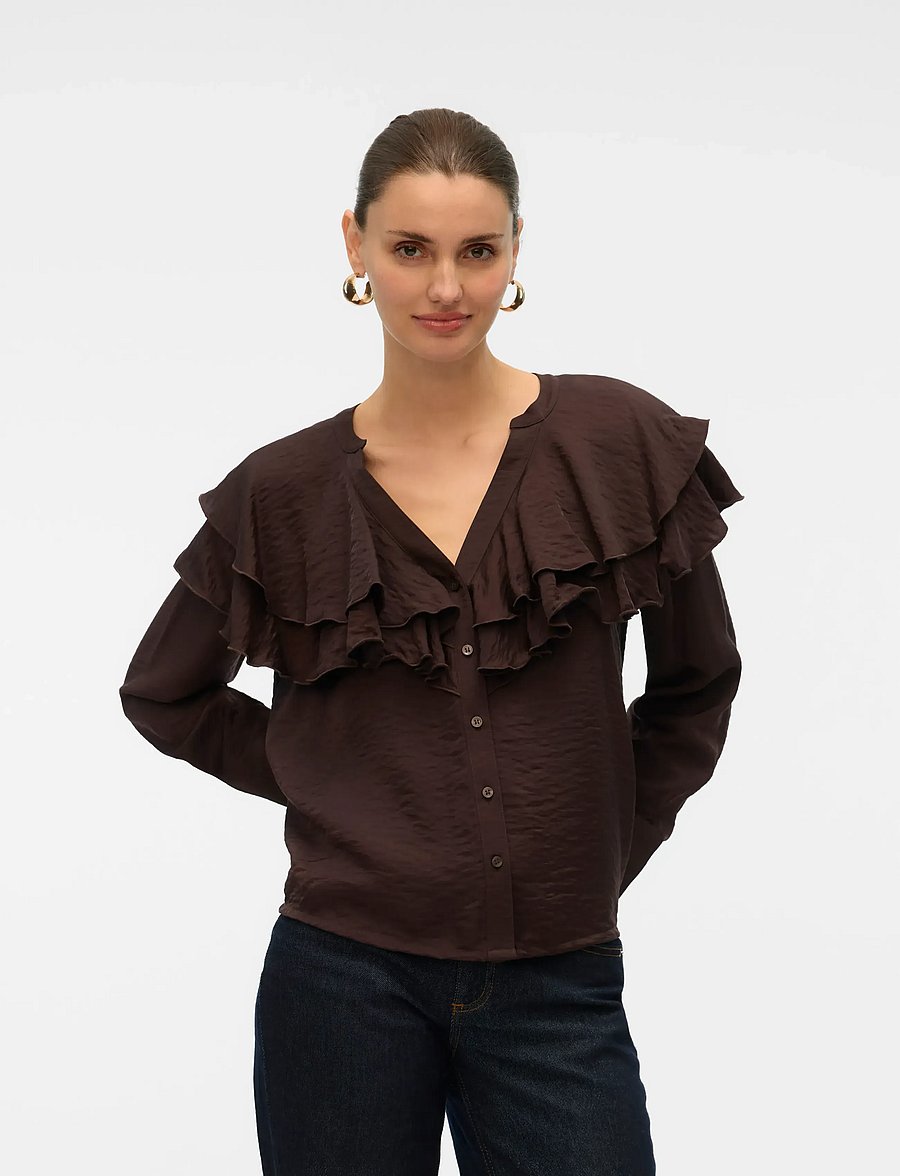 Vero Moda - VMLIZZI LS FLOUNCE TOP WVN GA - pikkade varrukatega pluusid - chocolate torte - 0