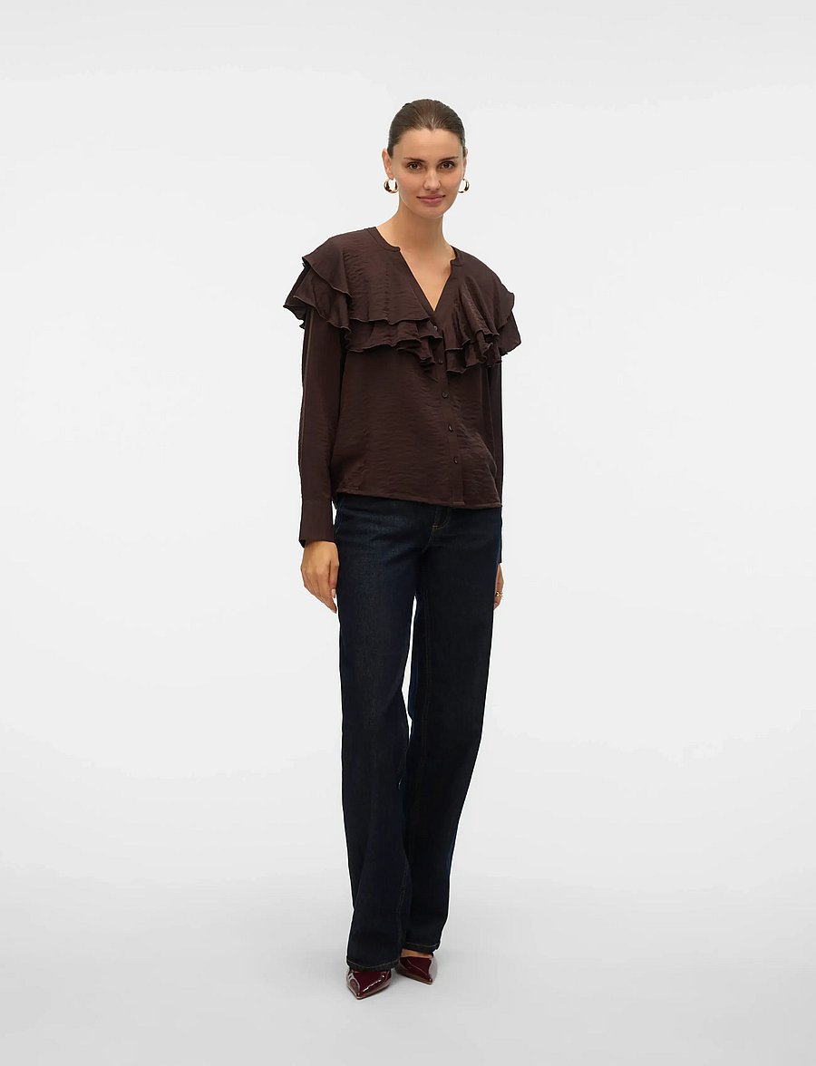 Vero Moda - VMLIZZI LS FLOUNCE TOP WVN GA - pikkade varrukatega pluusid - chocolate torte - 3