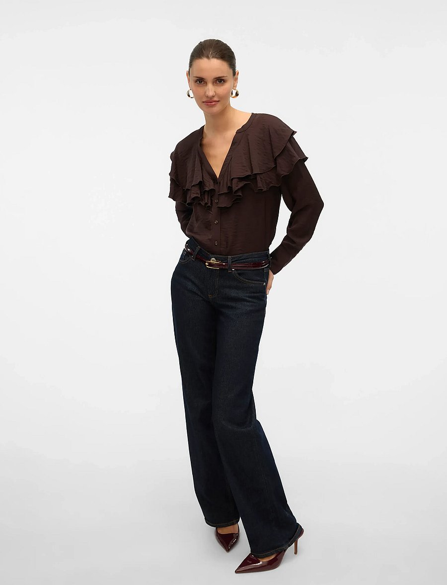 Vero Moda - VMLIZZI LS FLOUNCE TOP WVN GA - pikkade varrukatega pluusid - chocolate torte - 4