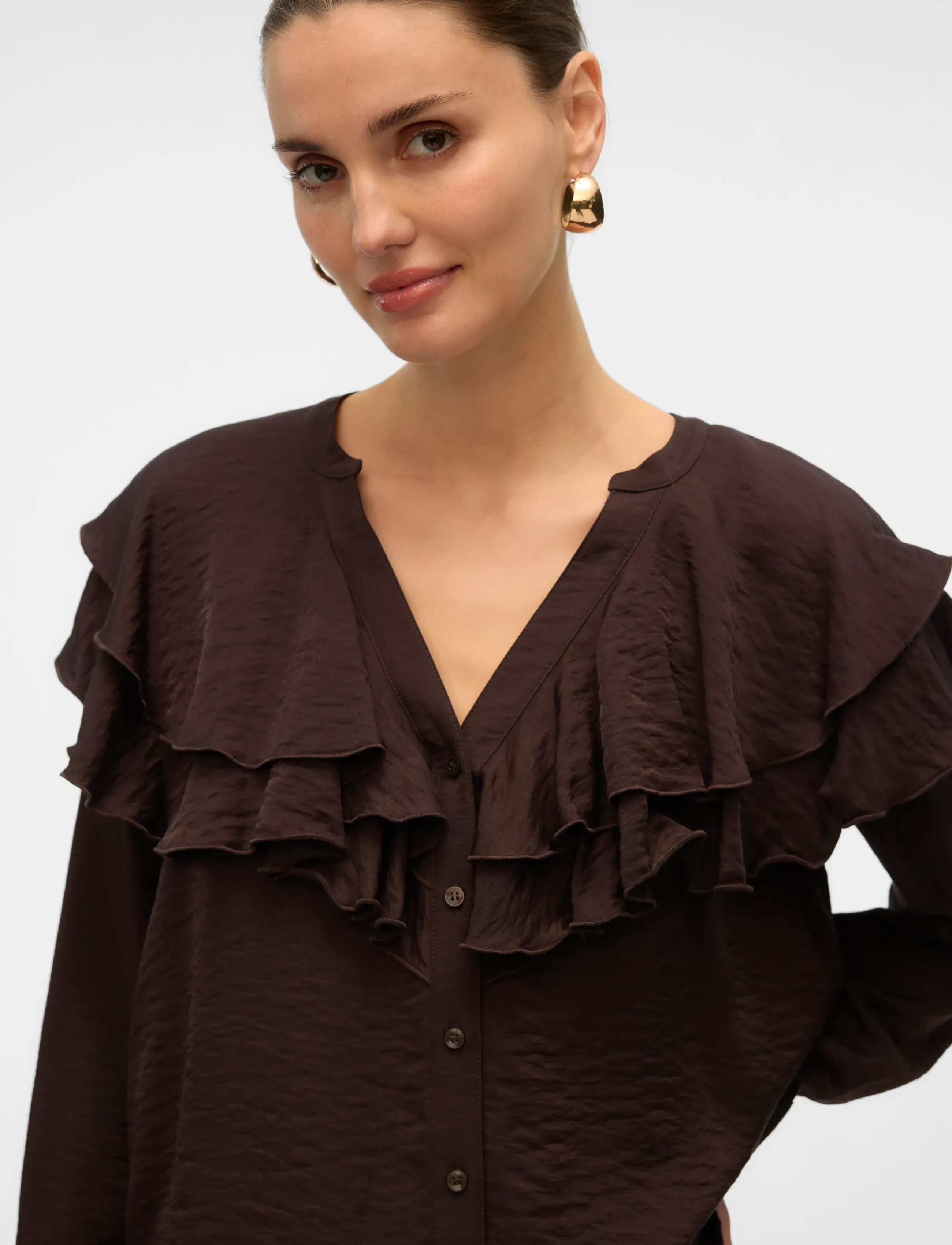 Vero Moda - VMLIZZI LS FLOUNCE TOP WVN GA - långärmade blusar - chocolate torte - 5