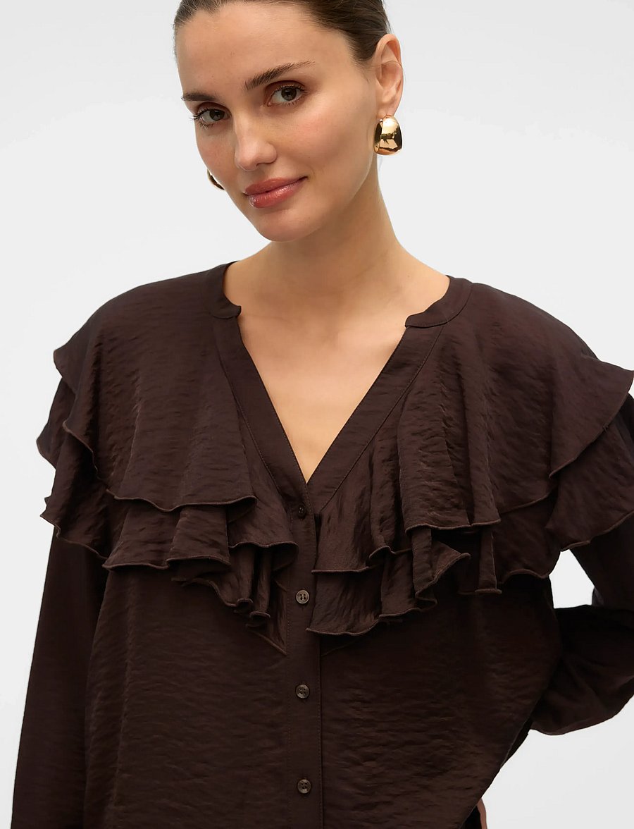 Vero Moda - VMLIZZI LS FLOUNCE TOP WVN GA - pikkade varrukatega pluusid - chocolate torte - 5