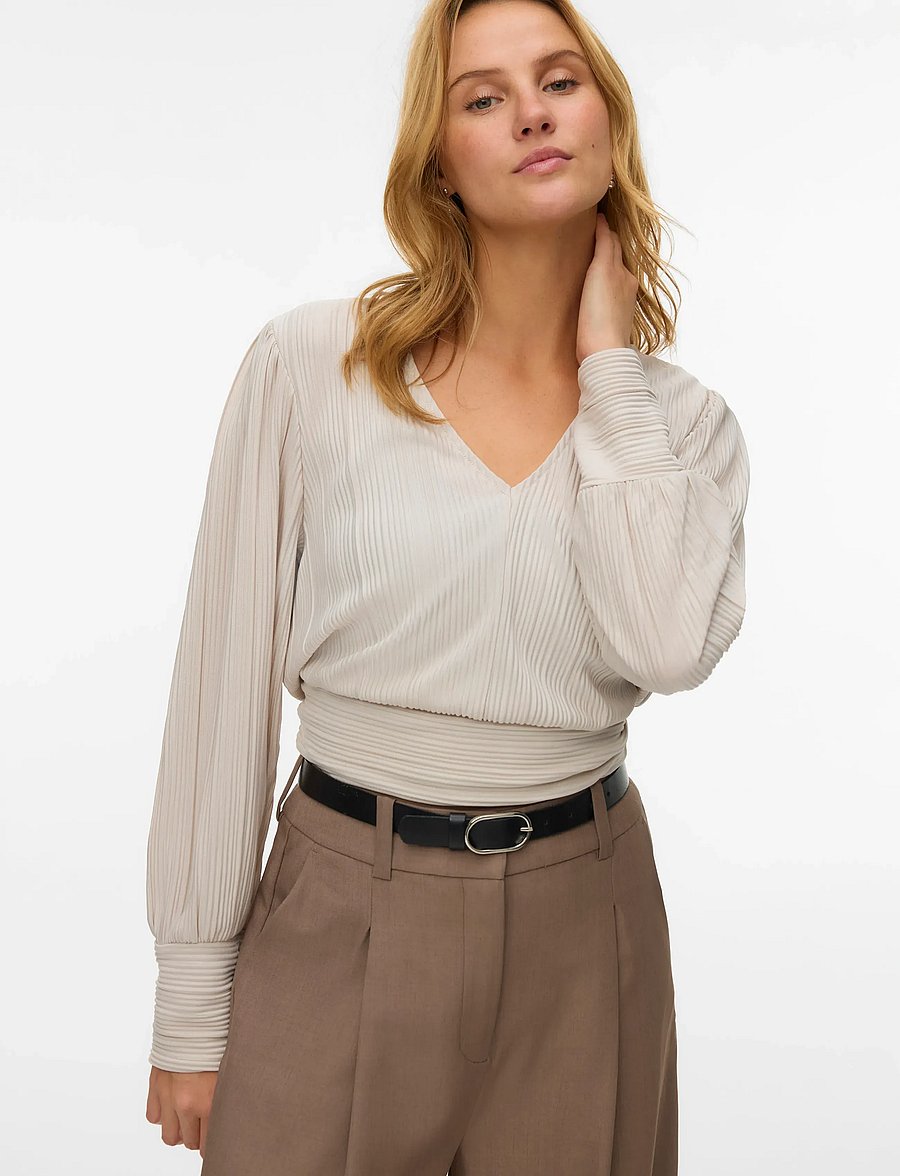 Vero Moda - VMAURORA LS V-NECK TOP JRS GA - langærmede bluser - pumice stone - 4