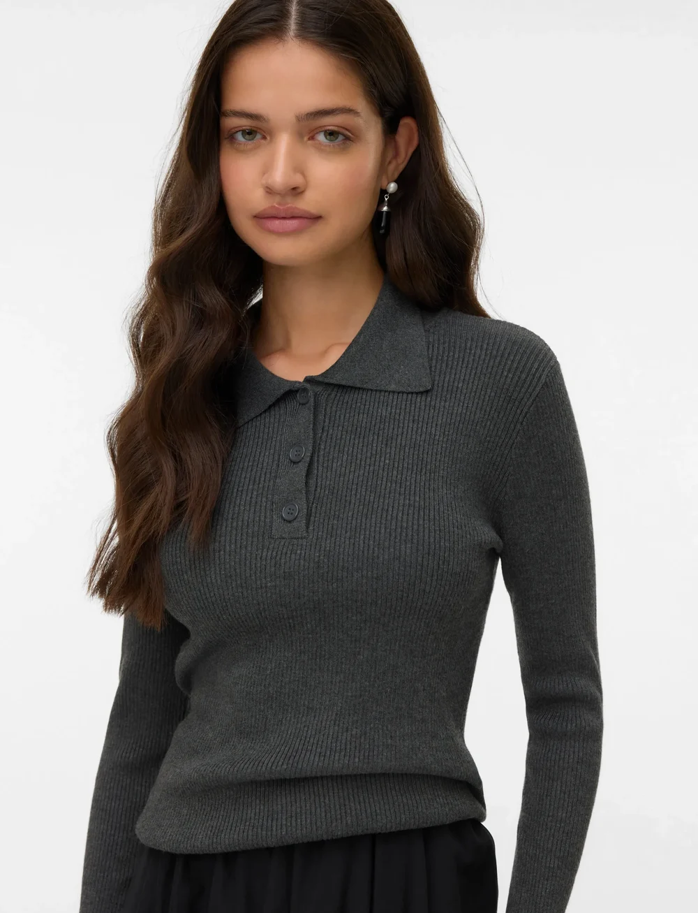 Vero Moda - VMSILJERIB LS POLONECK PULLOVER NOOS - stickade tröjor - dark grey melange - 3