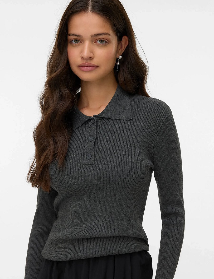 Vero Moda - VMSILJERIB LS POLONECK PULLOVER NOOS - pullover - dark grey melange - 3