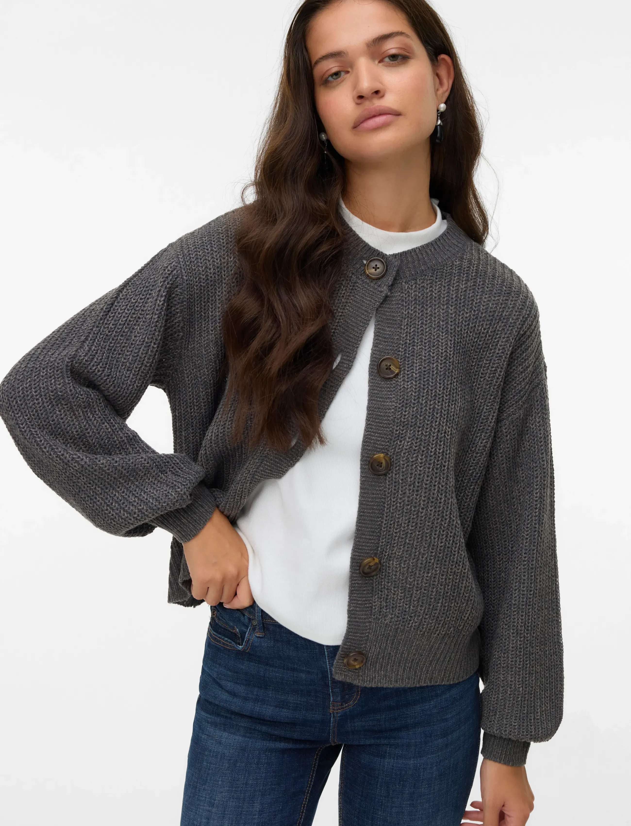 Vero Moda Vmlea Ls O-Neck Cardigan Noos, M, Grey, Strik > Cardigans, Dame