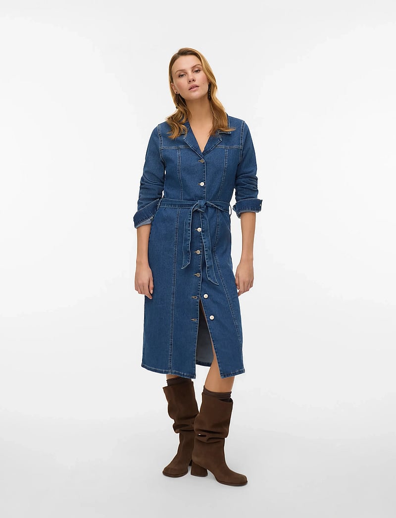 Vero Moda - VMTELLY LS 7/8 DNM DRESS VI3474 - särkkleidid - dark blue denim - 0