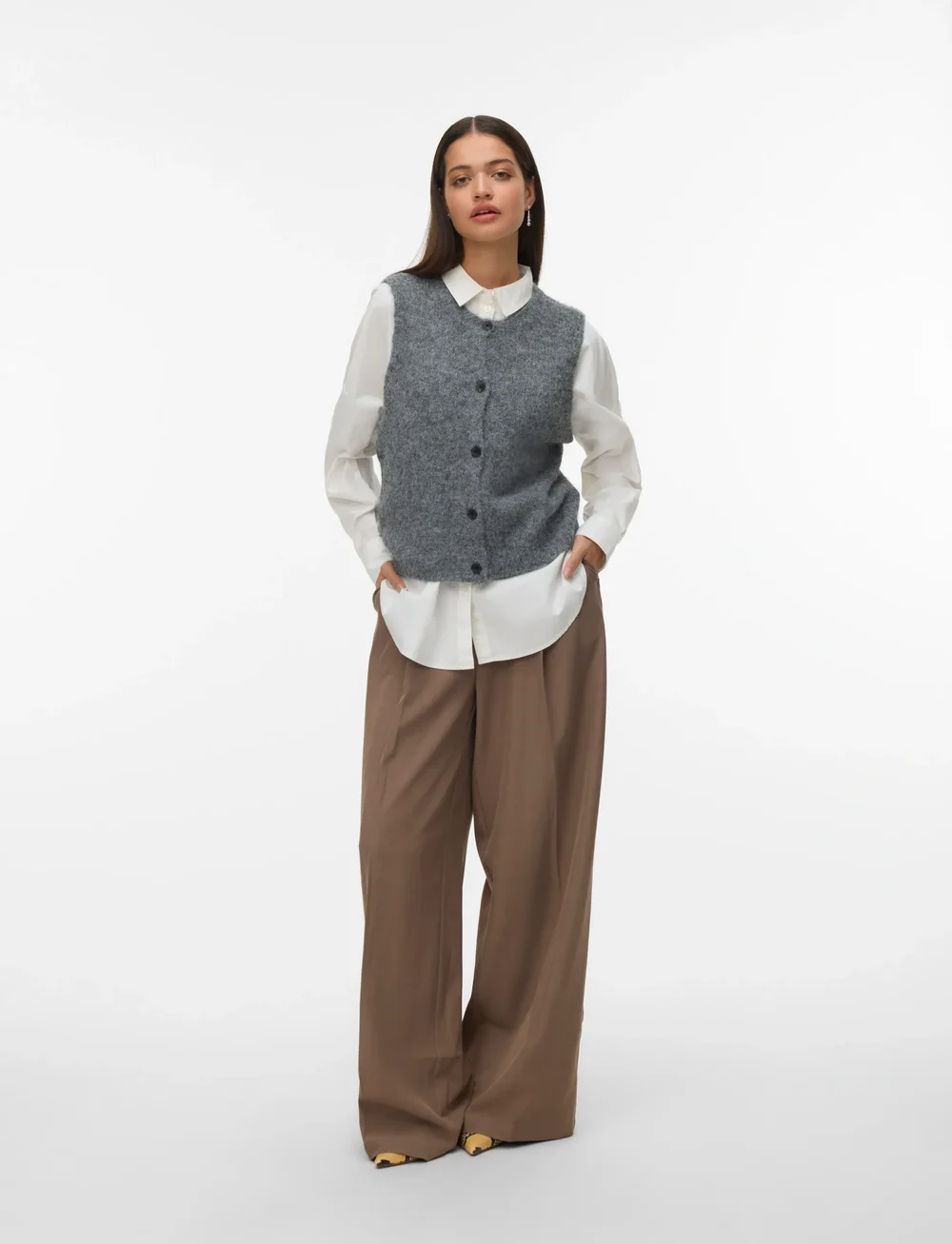 Vero Moda - VMNOVAH SL O-NECK BUTTON VEST NOOS - gestrickte westen - dark grey melange - 0