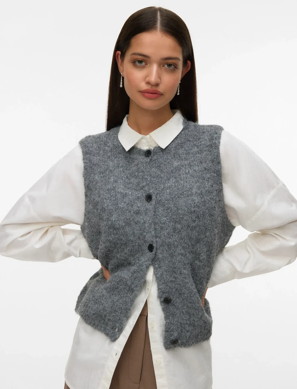 Vero Moda - VMNOVAH SL O-NECK BUTTON VEST NOOS - gestrickte westen - dark grey melange - 3