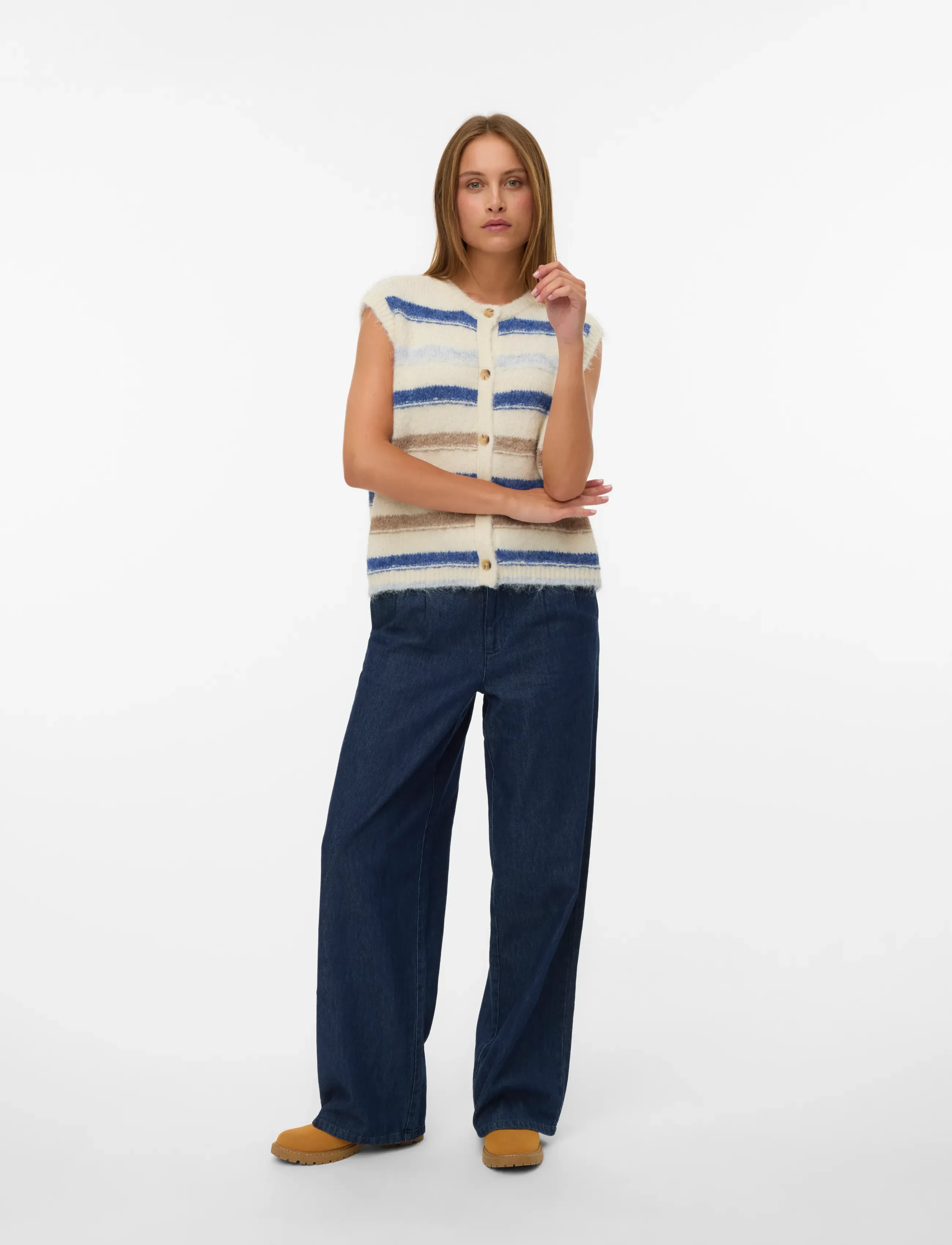 Vero Moda Vmkira Sl O-Neck Stripe Vest Boo, XS, Cream, Veste > Strikkede Veste, Dame
