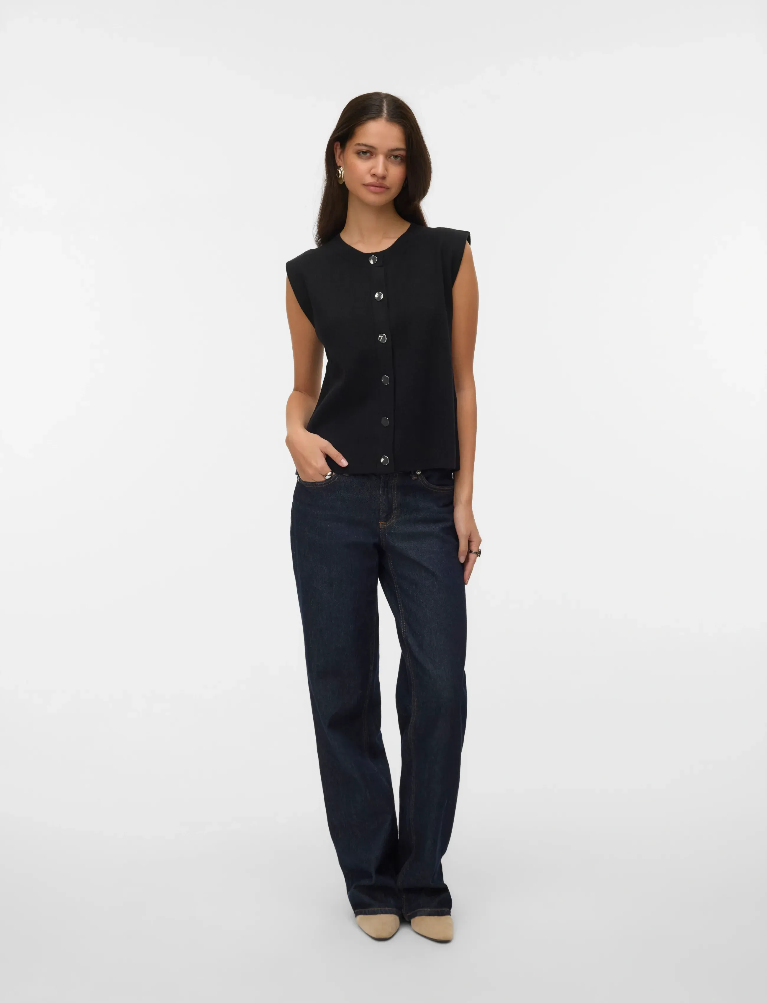 Vero Moda Vmgold Sl O-Neck Button Vest Boo, XS, Black, Veste > Strikkede Veste, Dame