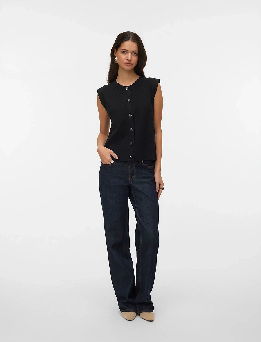 Vero Moda - VMGOLD SL O-NECK BUTTON VEST BOO - gestrickte westen - black - 0