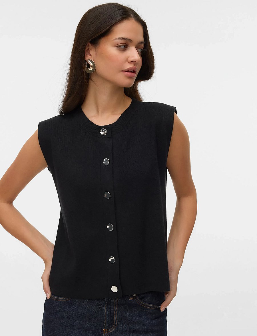 Vero Moda - VMGOLD SL O-NECK BUTTON VEST BOO - gestrickte westen - black - 3