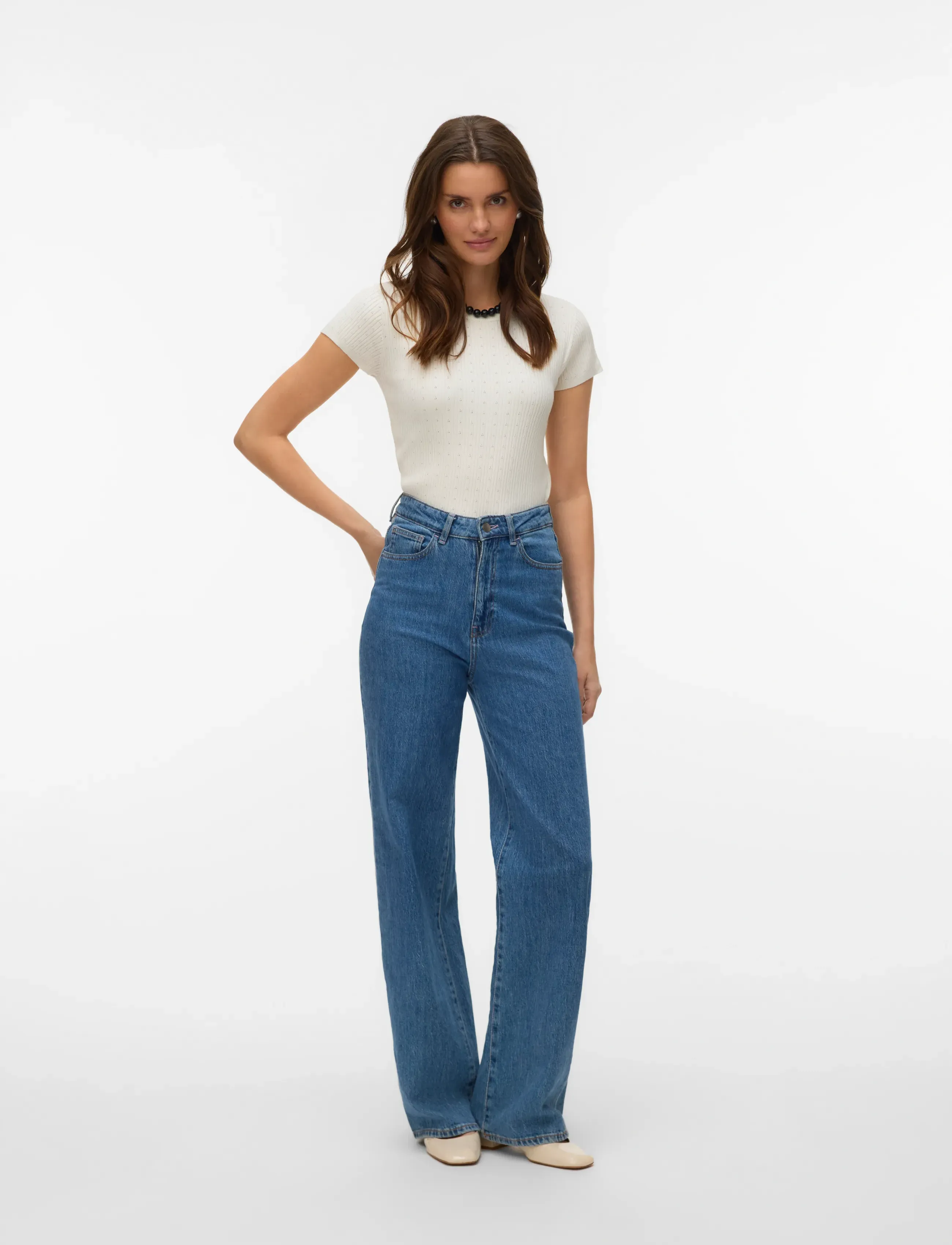 Vero Moda VMSILJE C/S O-NECK POINTELLE PULL NOOS - T-shirts - BIRCH / cream