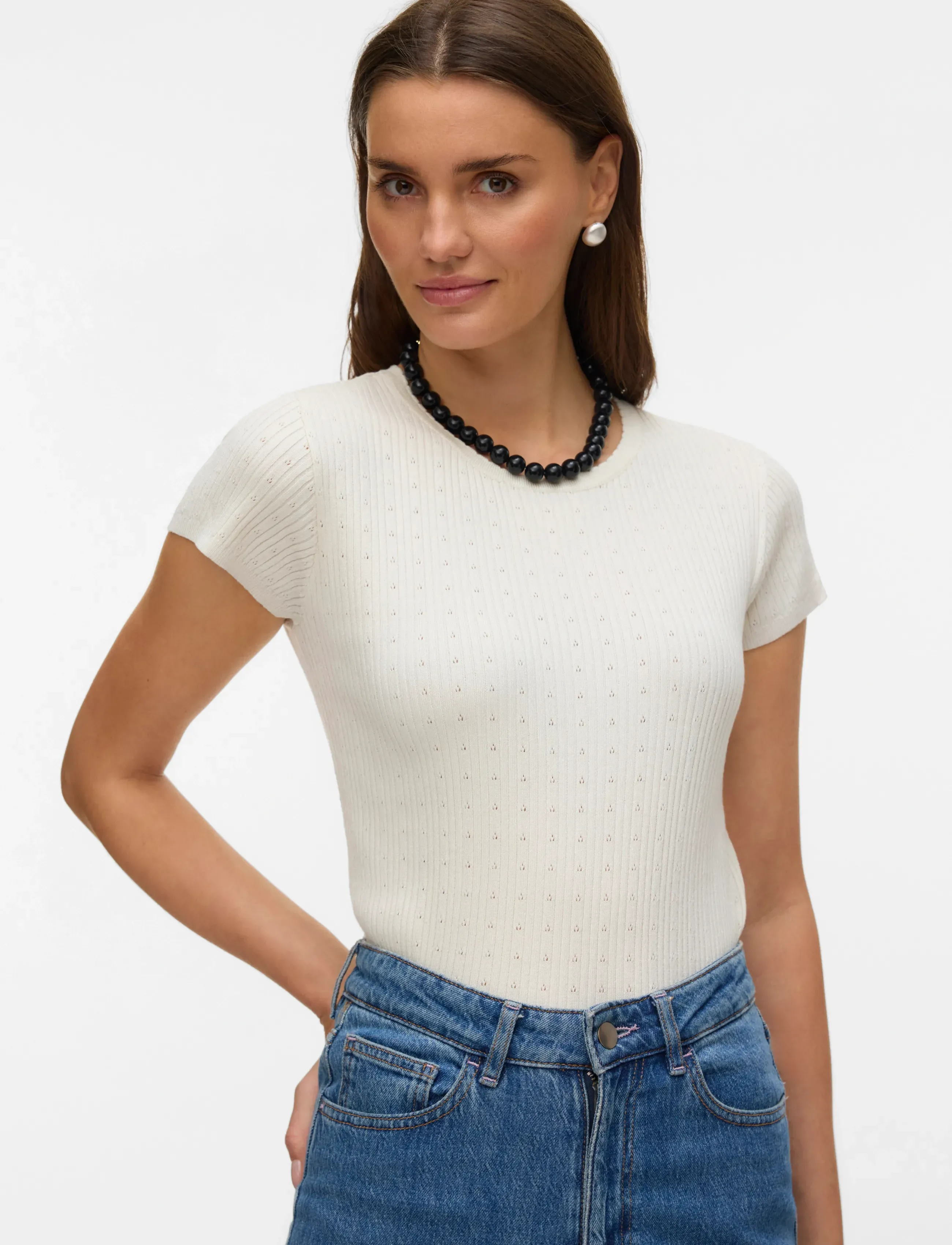 Vero Moda - VMSILJE C/S O-NECK POINTELLE PULL NOOS - t-shirts - birch - 3