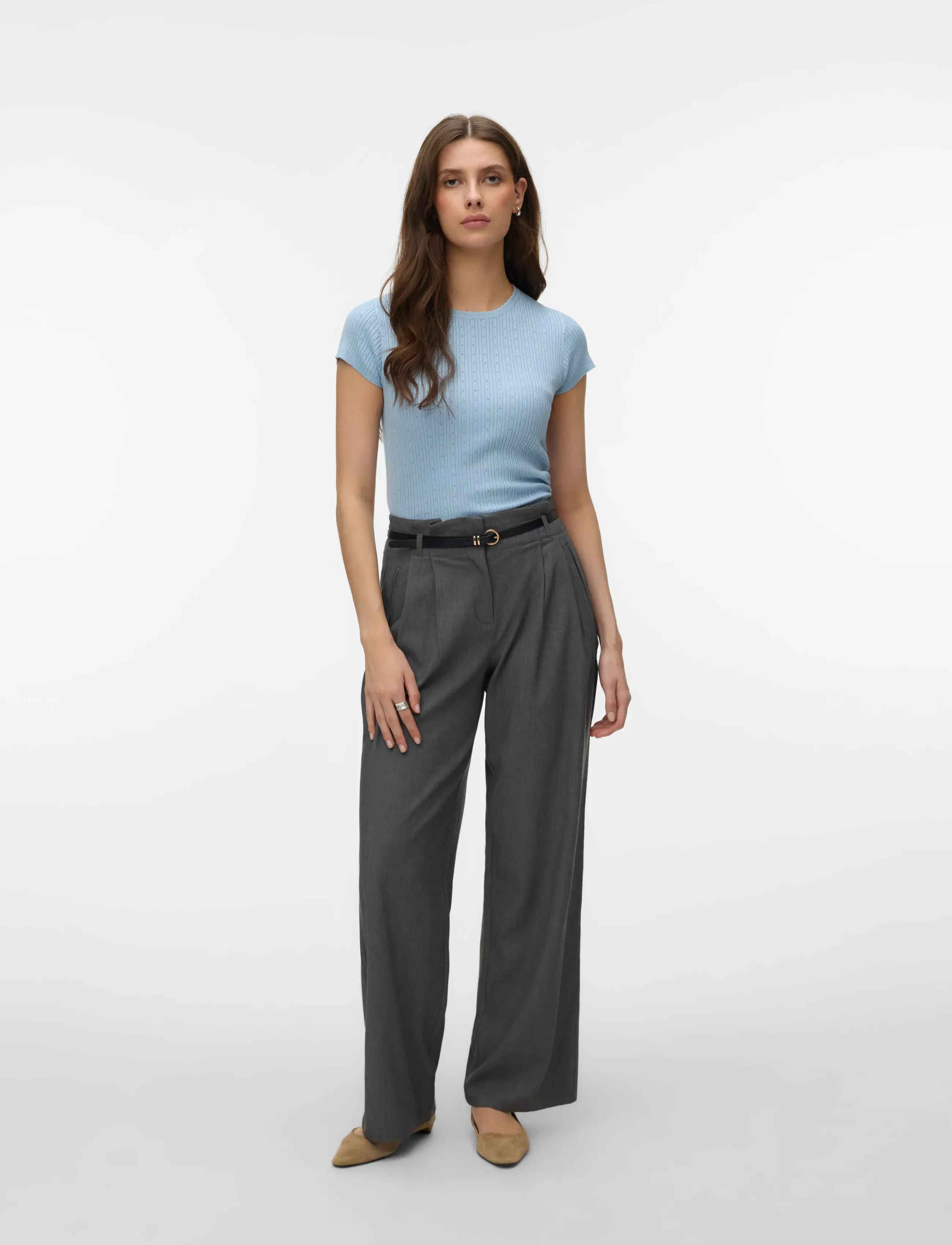 Vero Moda Vmsilje C/S O-Neck Pointelle Pull Noos, XL, T-shirts & Oberteile, Blau - Short-sleeved, Frauen