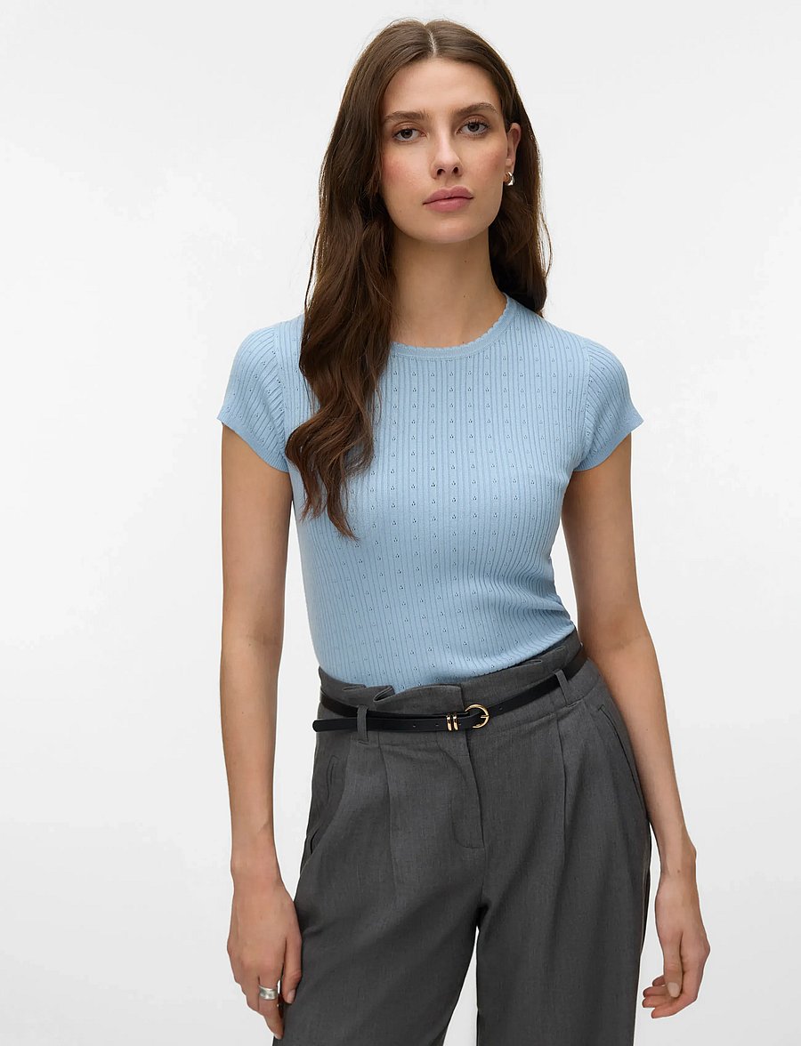 Vero Moda - VMSILJE C/S O-NECK POINTELLE PULL NOOS - t-shirts - cashmere blue - 3