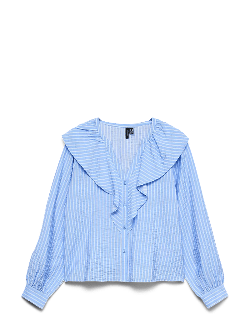 Vero Moda - VMKAJA LS V-NECK FRILL SHIRT WVN - långärmade blusar - vista blue - 1