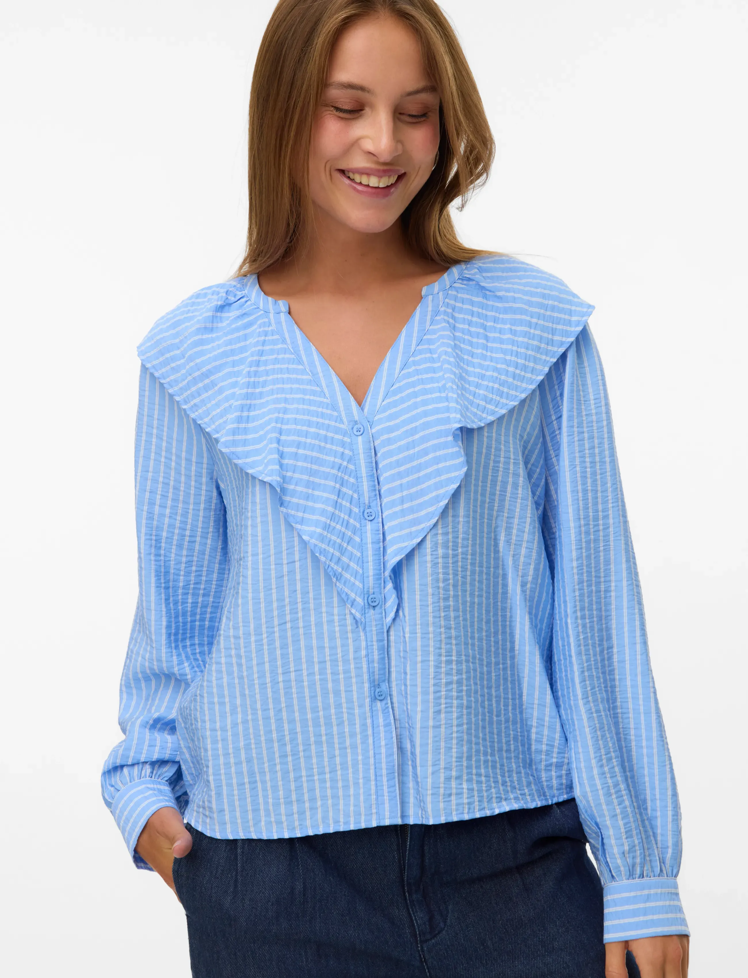 Vero Moda - VMKAJA LS V-NECK FRILL SHIRT WVN - long sleeved blouses - vista blue - 3