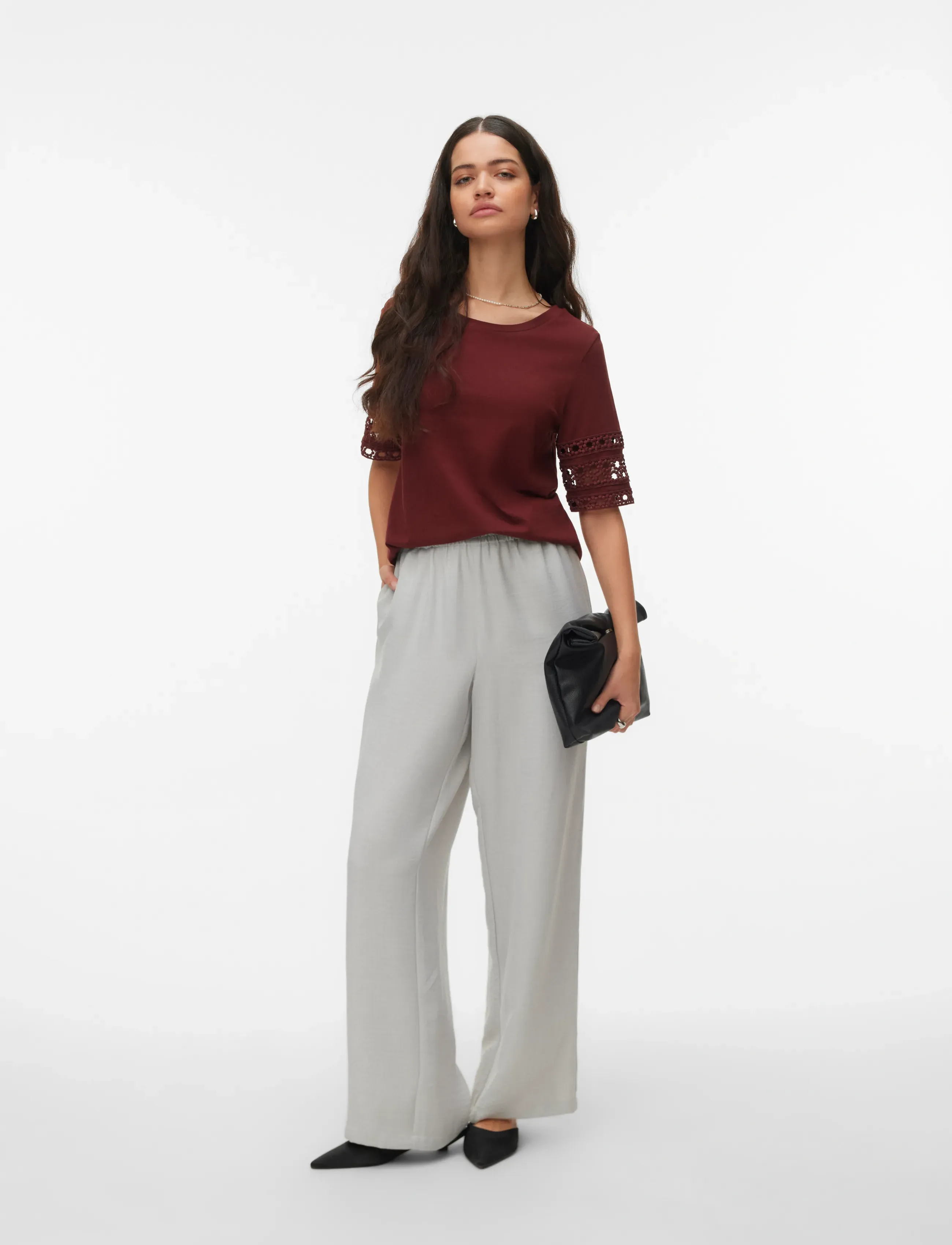 Vero Moda VMIVACY 2/4 O-NECK TOP JRS BTQ - T-Shirts & Tops - ANDORRA / burgundy