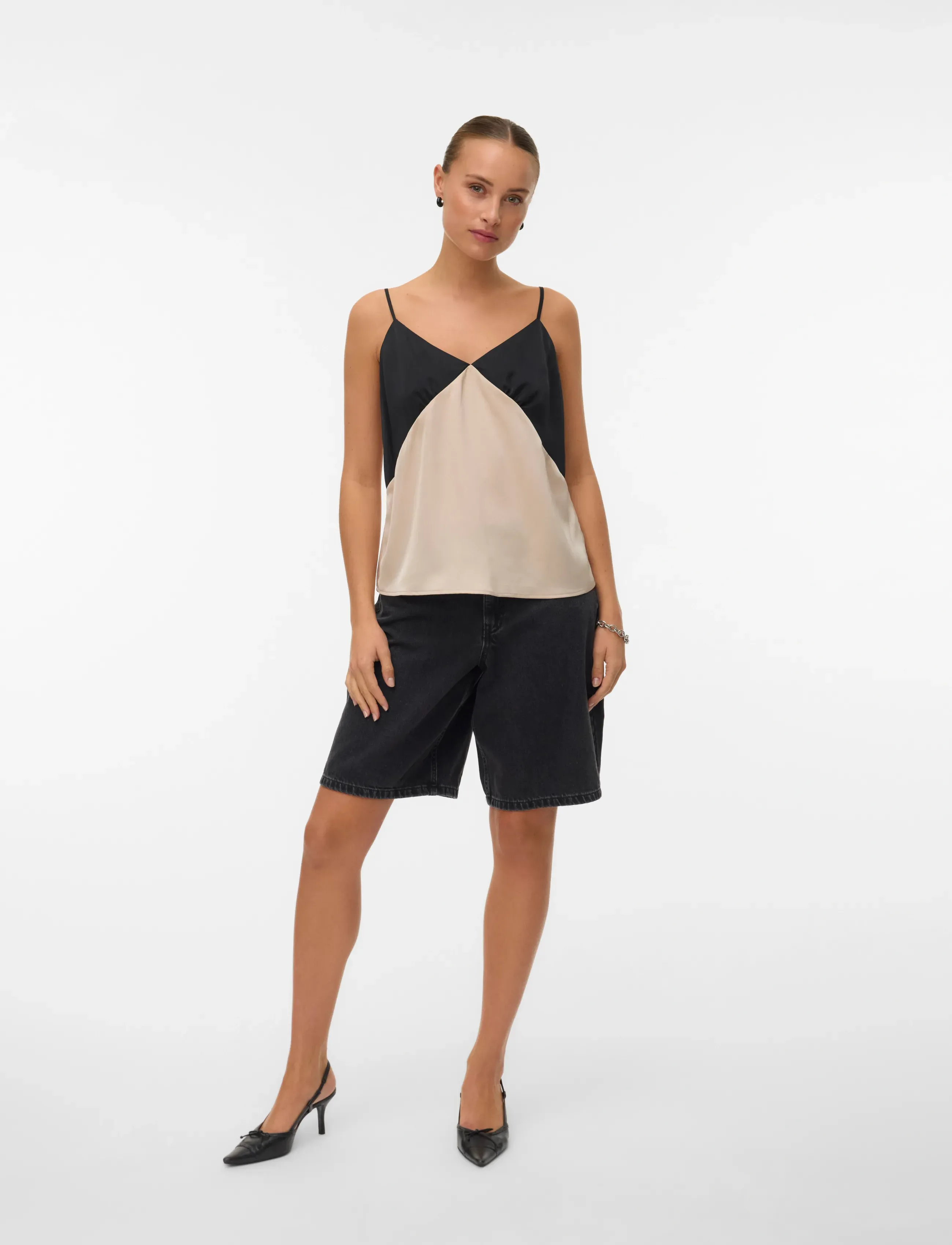 Vero Moda VMJOY SINGLET TOP WVN BTQ - Linnen - BLACK / cream
