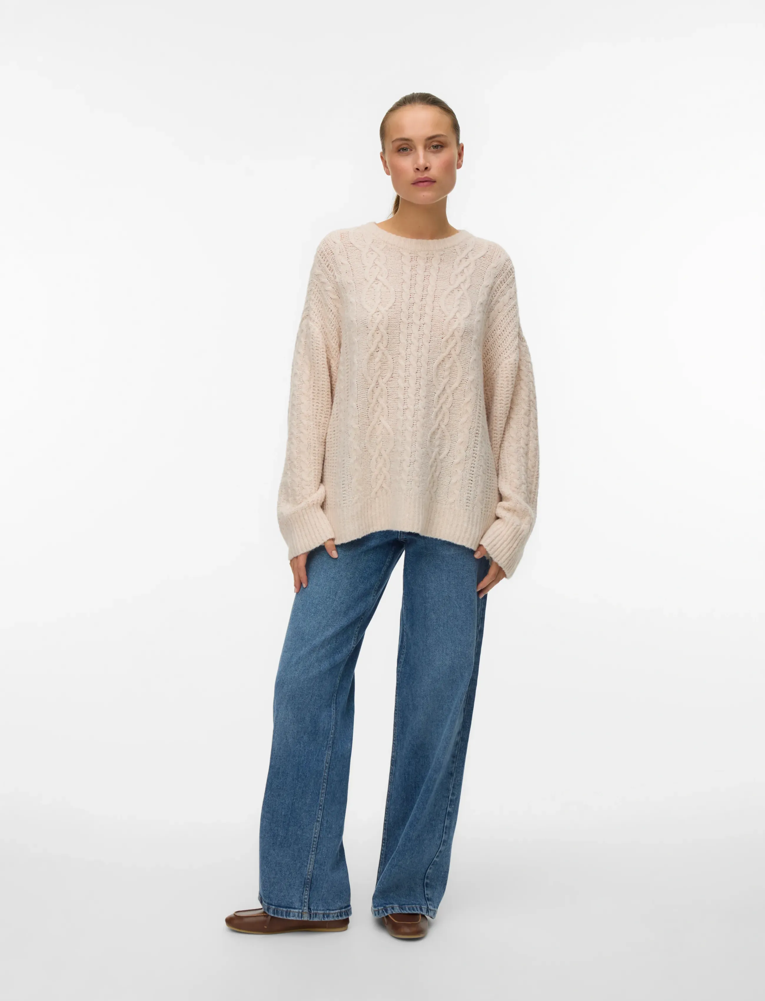 Vero Moda Vmsia Ls Bow Cb Cable Knit Exp, M, Knitwear, Beige - Jumpers, Frauen
