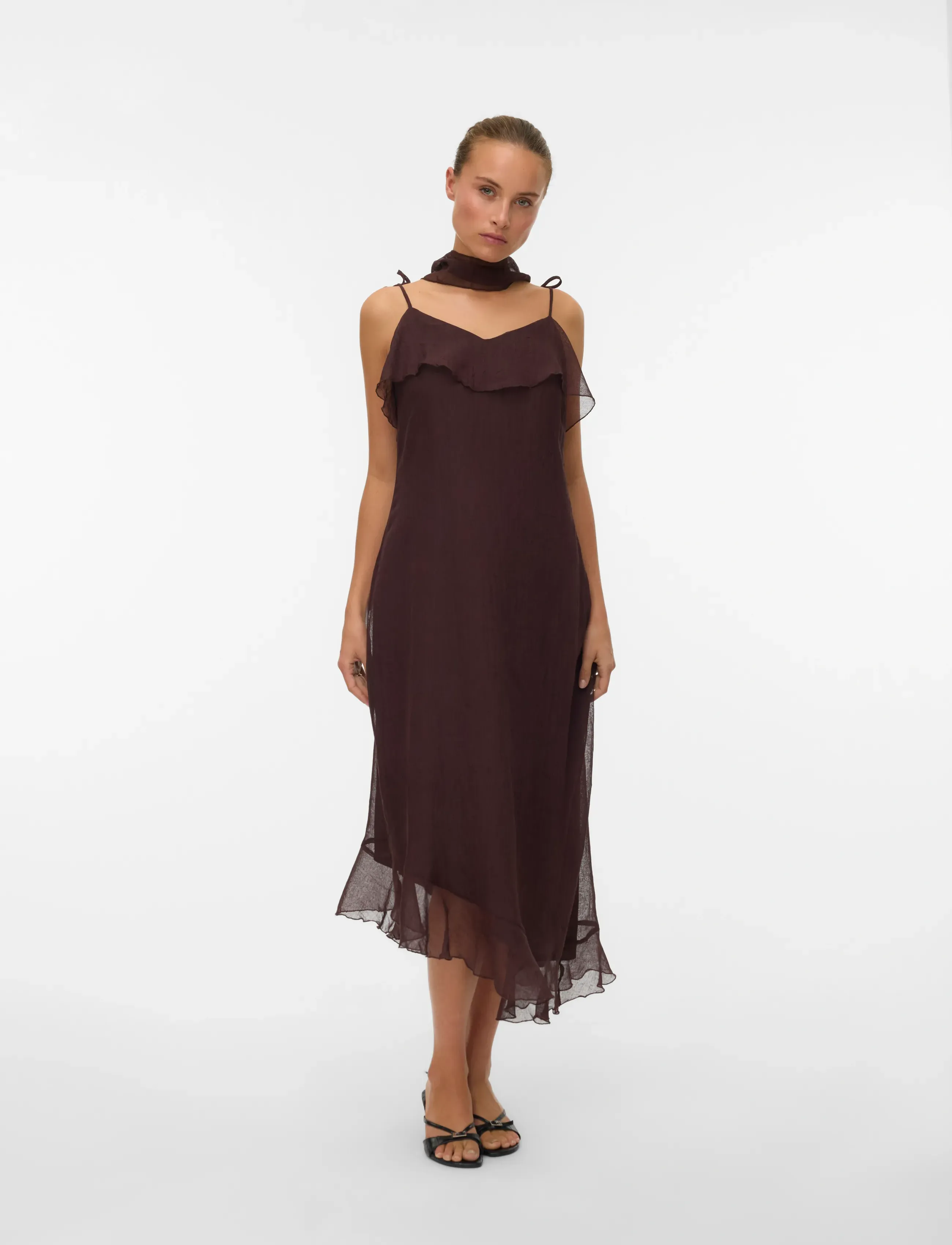 Vero Moda Vmsabrina Blk Scrf Flounce Dress Wvn Exp, XS, Dresses, Braun - Party Frauen