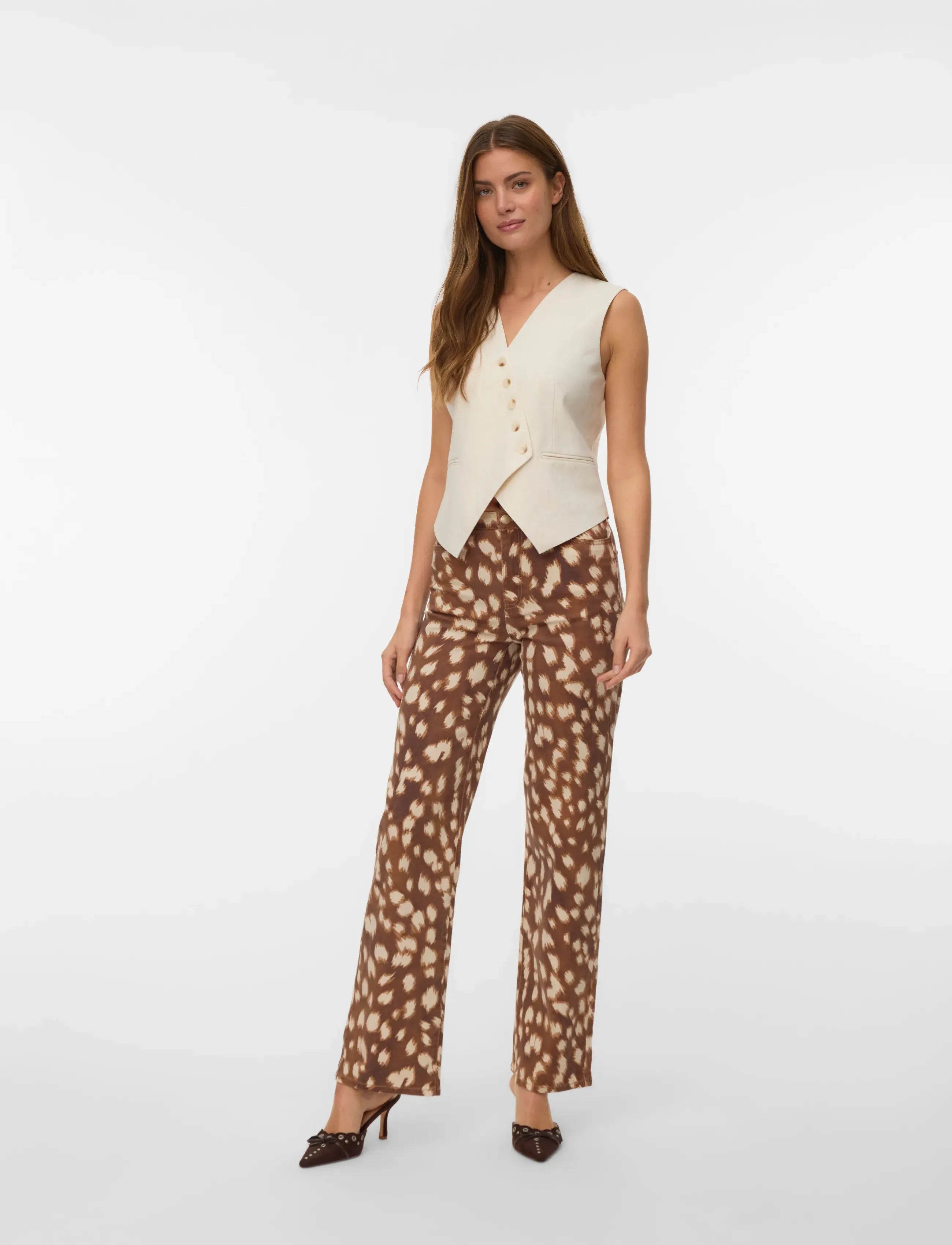 Vero Moda Vmlola Tessa Hr Wide Print Jeans Exp, Kvinder, Højtaljede Brede Print Jeans, Brun, Str: 31 x 32