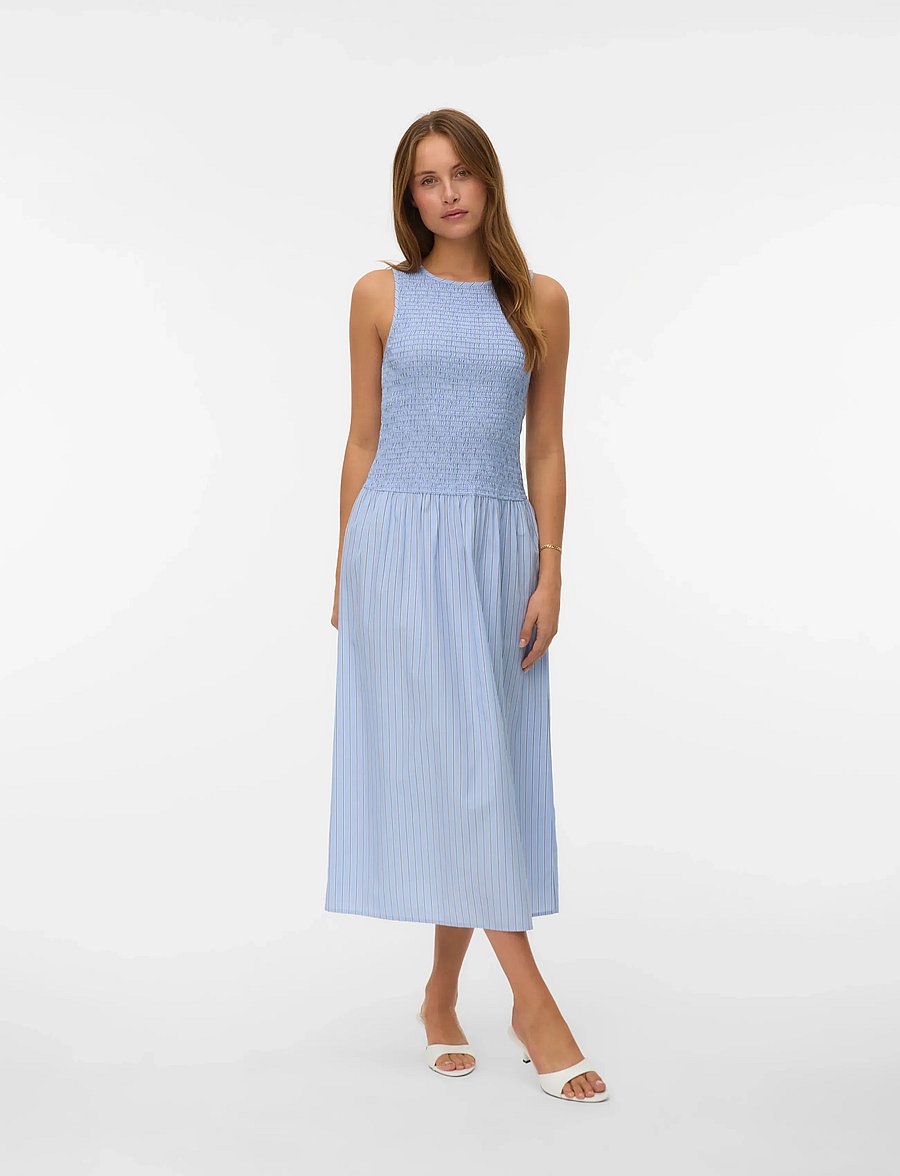 Vero Moda - VMLEYA SL 7/8 STRIPE SMOCK DRESS WVN - sukienki letnie - brunnera blue - 0
