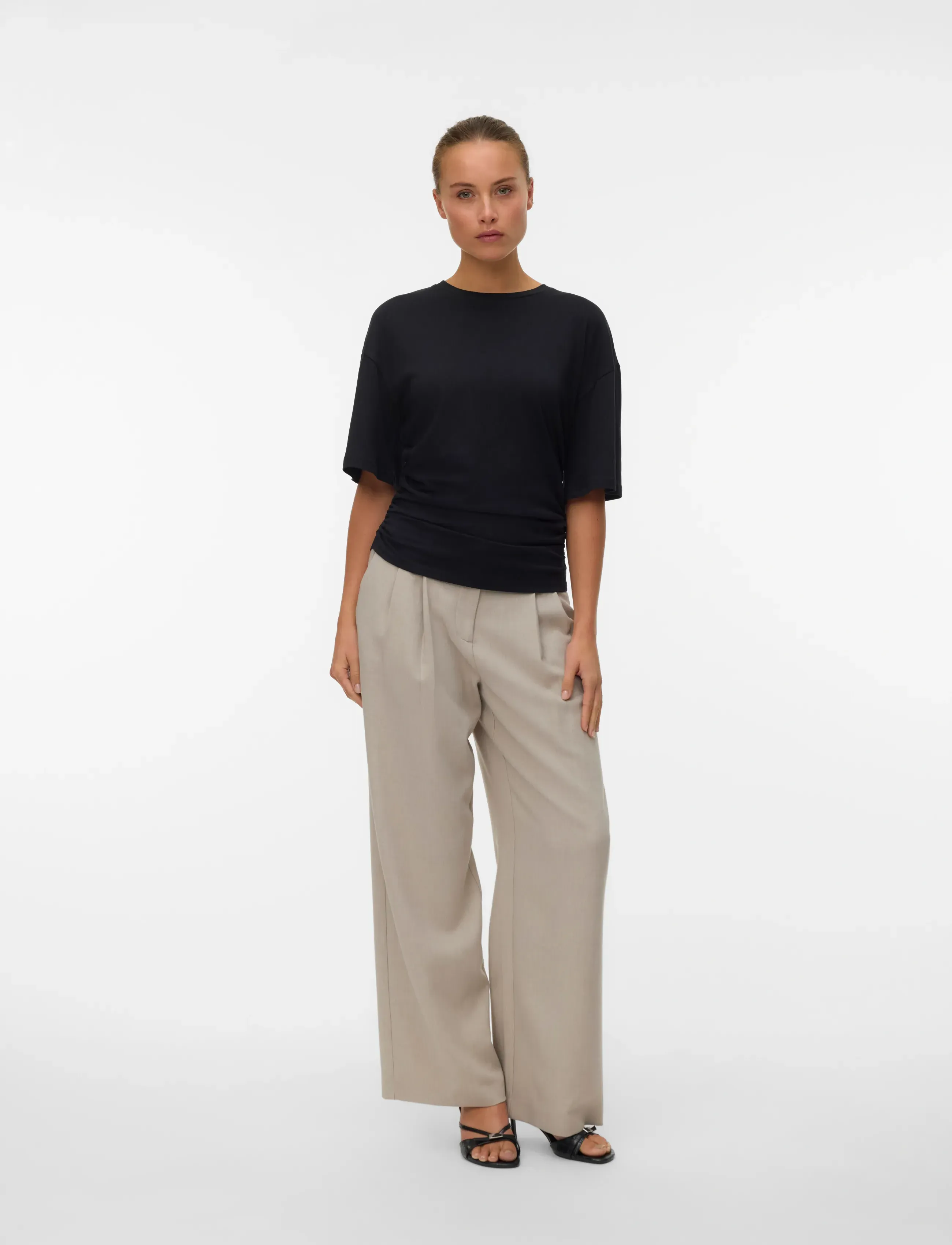 Vero Moda Awnavaro 2/4 O-Neck Top Noos, Kvinder, Rynket Top, Sort, Str: L