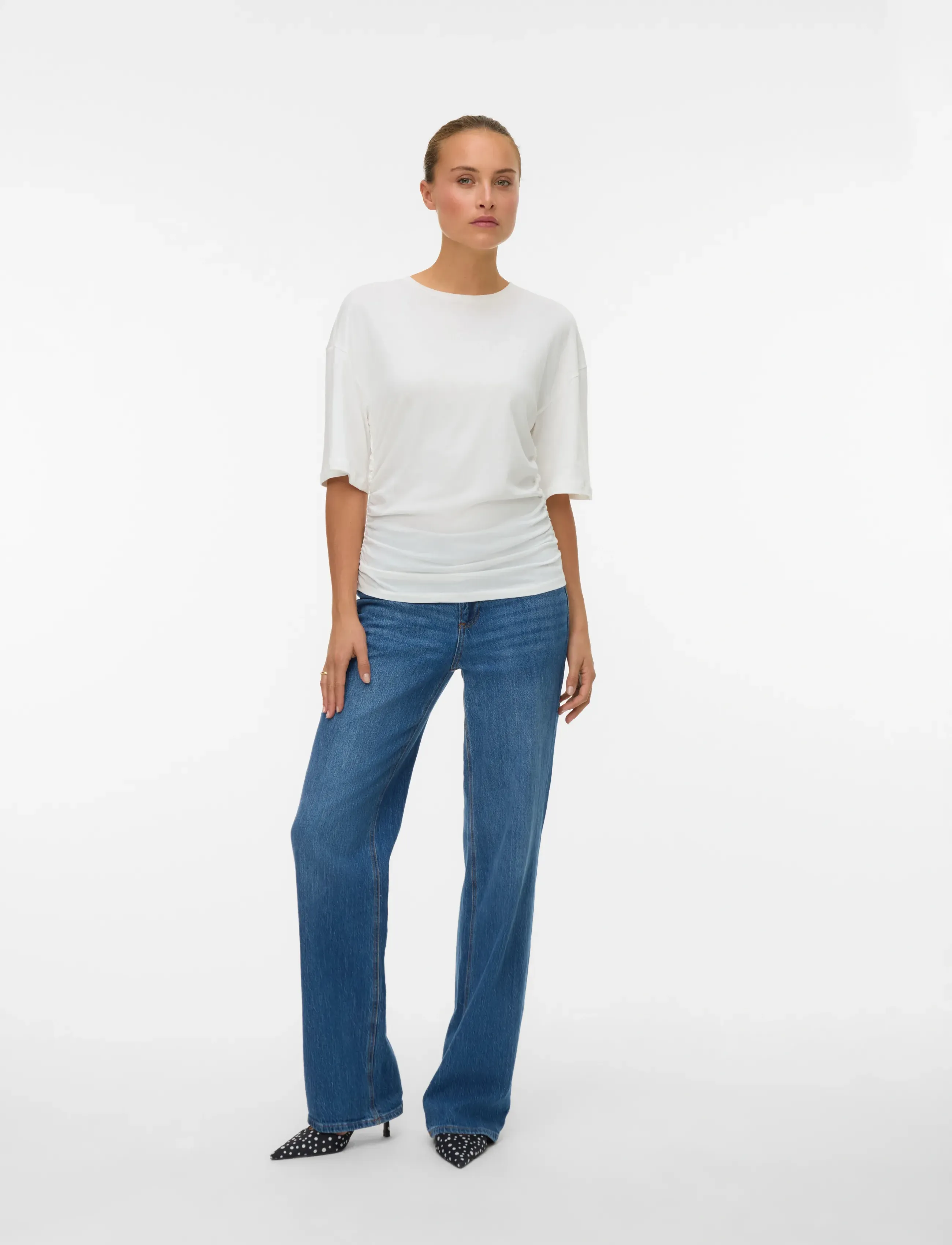 Vero Moda Awnavaro 2/4 O-Neck Top Noos, Kvinder, Rynket Top, Hvid, Str: L