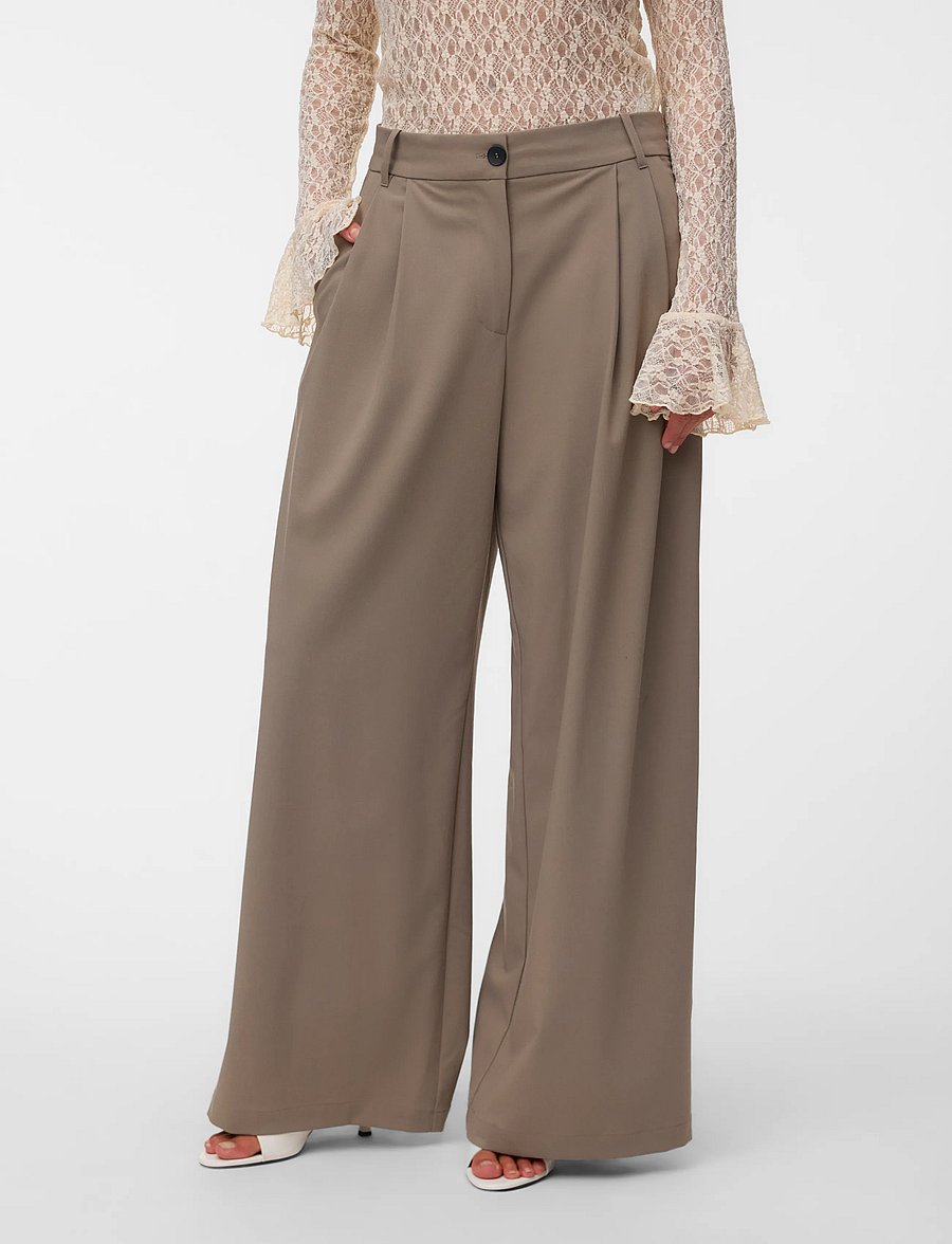 Vero Moda - VMSTELLA MW WIDE PLEAT PANT NOOS - kostymbyxor - driftwood - 3