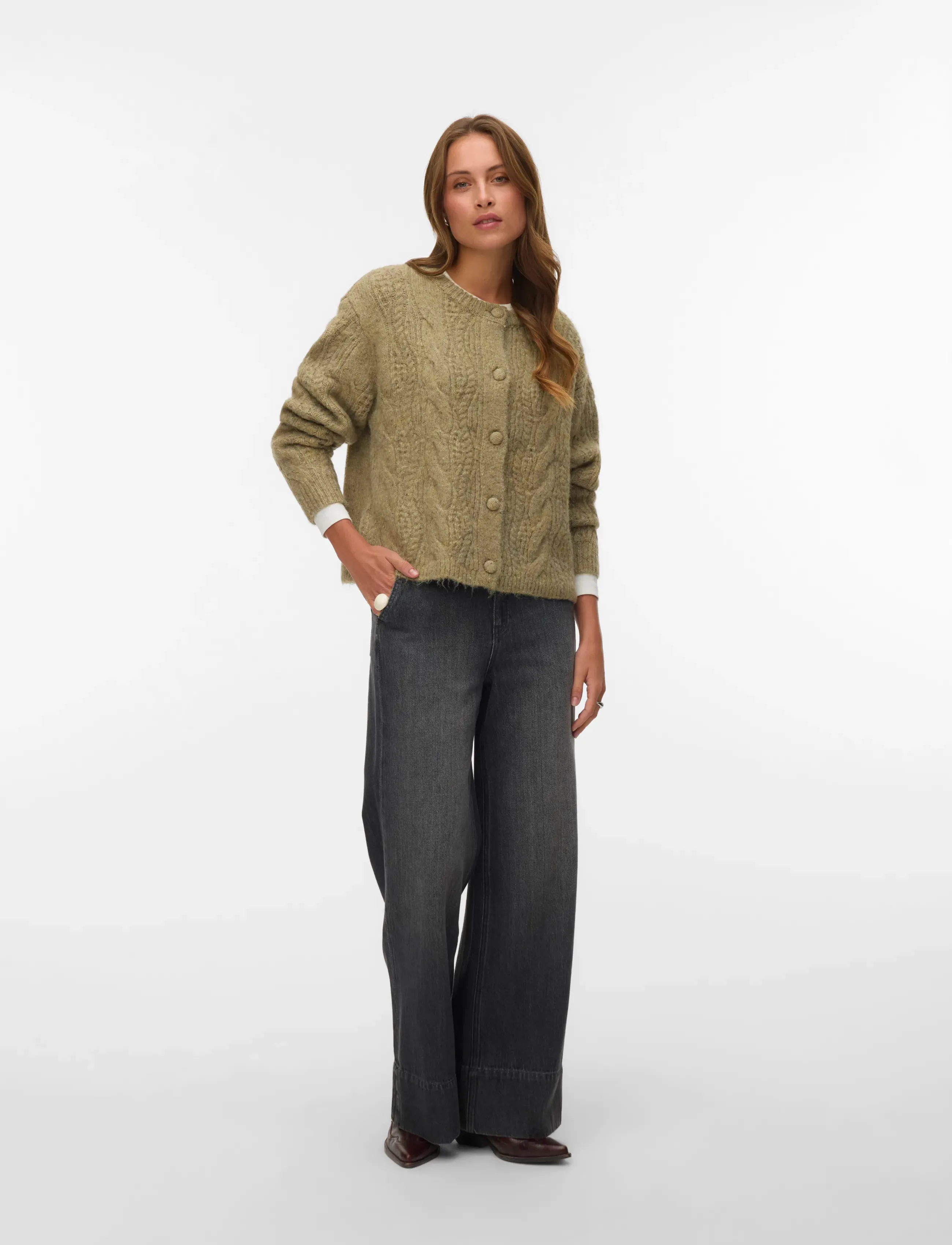 Vero Moda VMINGRID LS O-NECK CABLE CARDIGAN BOO - Vero Moda - OIL GREEN / khaki/green