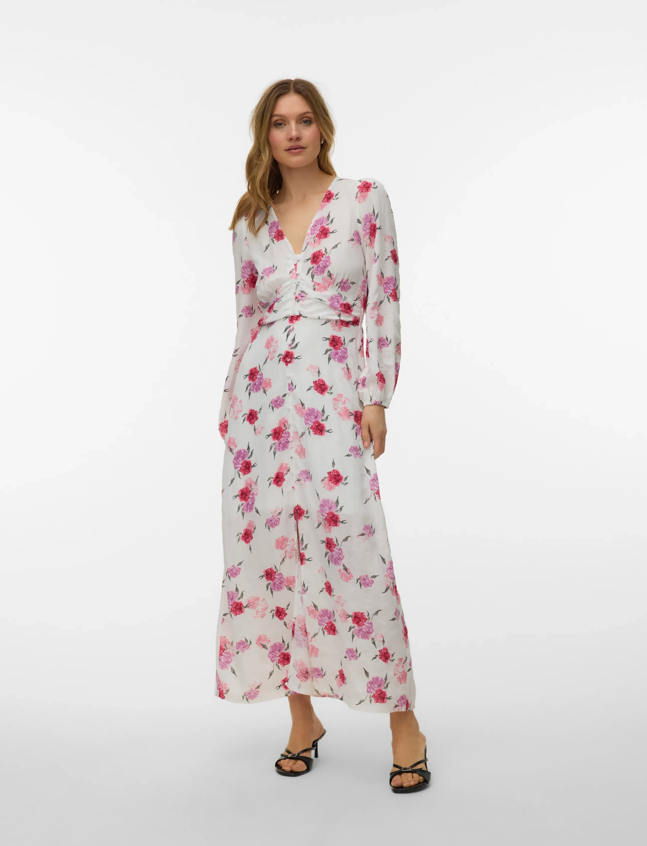 Vero Moda VMLISA LS V-NECK LONG DRESS WVN - Kjoler - SNOW WHITE / white