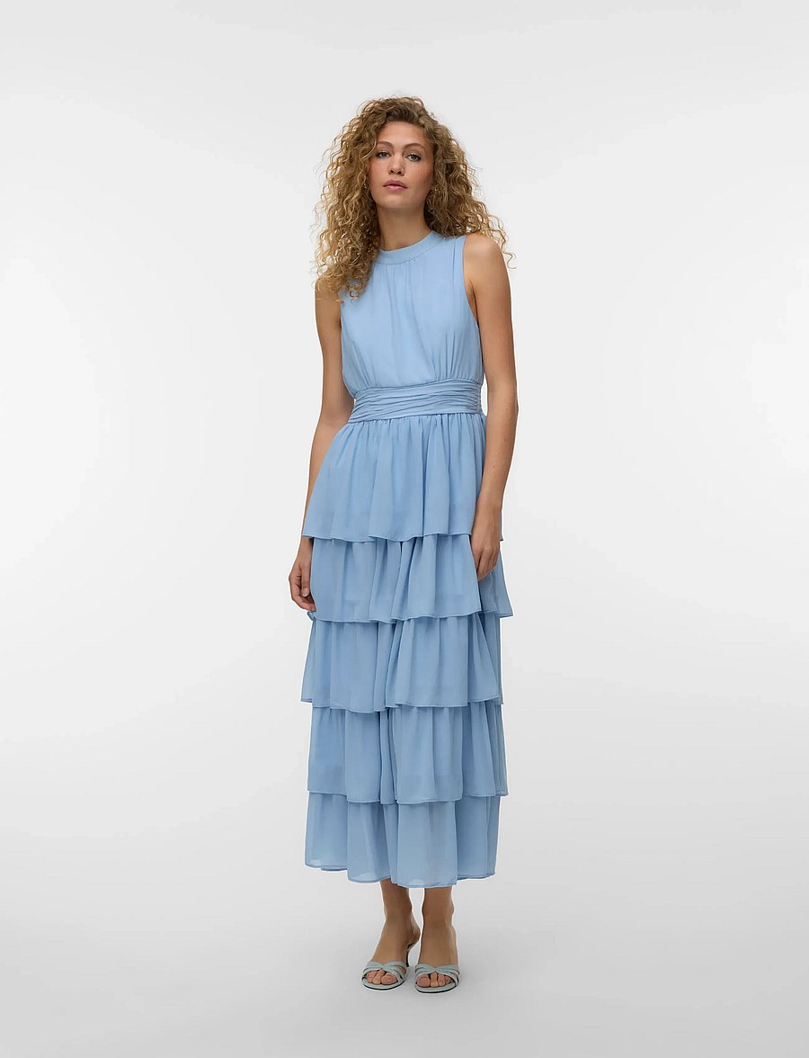 Vero Moda - VMSERENA SL LONG FRILL DRESS WVN - kokteilkjólar - cashmere blue - 0