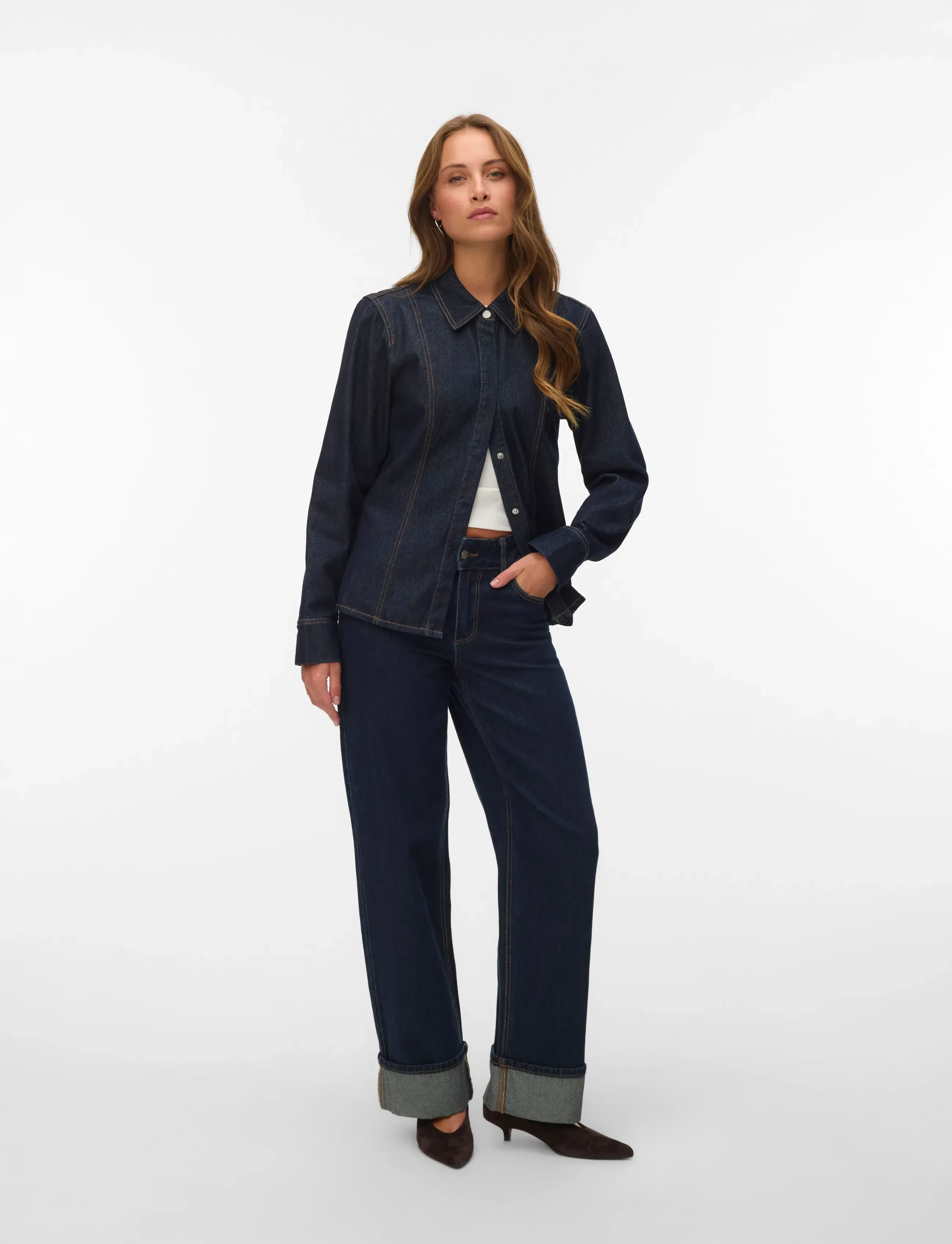 Vero Moda AWRENA MR WIDE FOLD UP JEANS LI3136 - Denim - DARK BLUE DENIM / navy