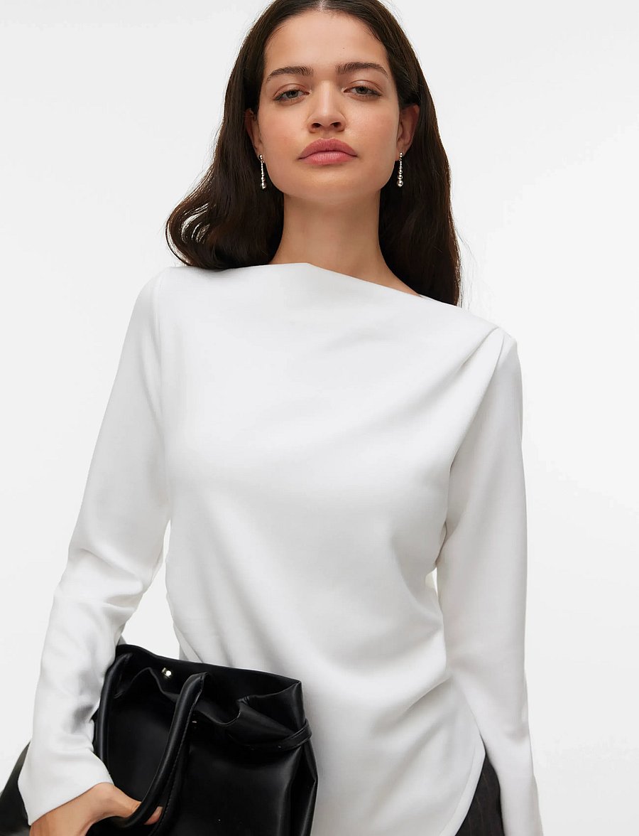 Vero Moda - VMMILLE LS BOATNECK SHORT TOP JRS NOOS - långärmade blusar - bright white - 4