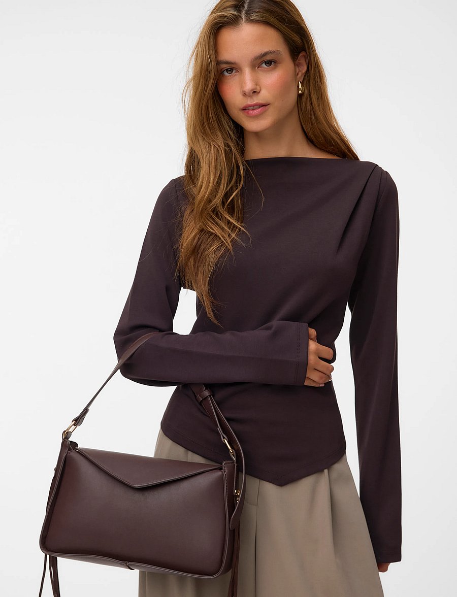 Vero Moda - VMMILLE LS BOATNECK SHORT TOP JRS NOOS - pikkade varrukatega pluusid - chocolate torte - 3