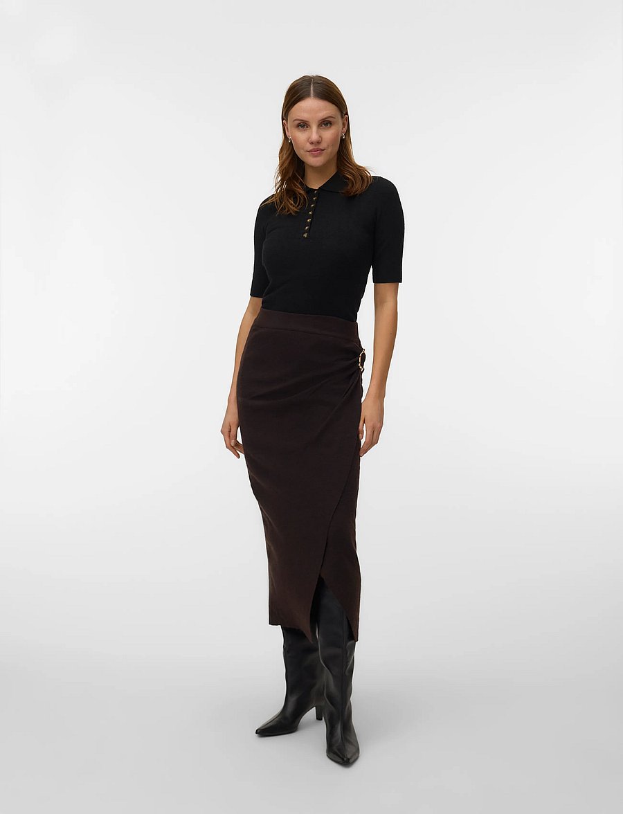 Vero Moda - VMKACY NW DRAPE ANKLE SKIRT - knitted skirts - chocolate torte - 0